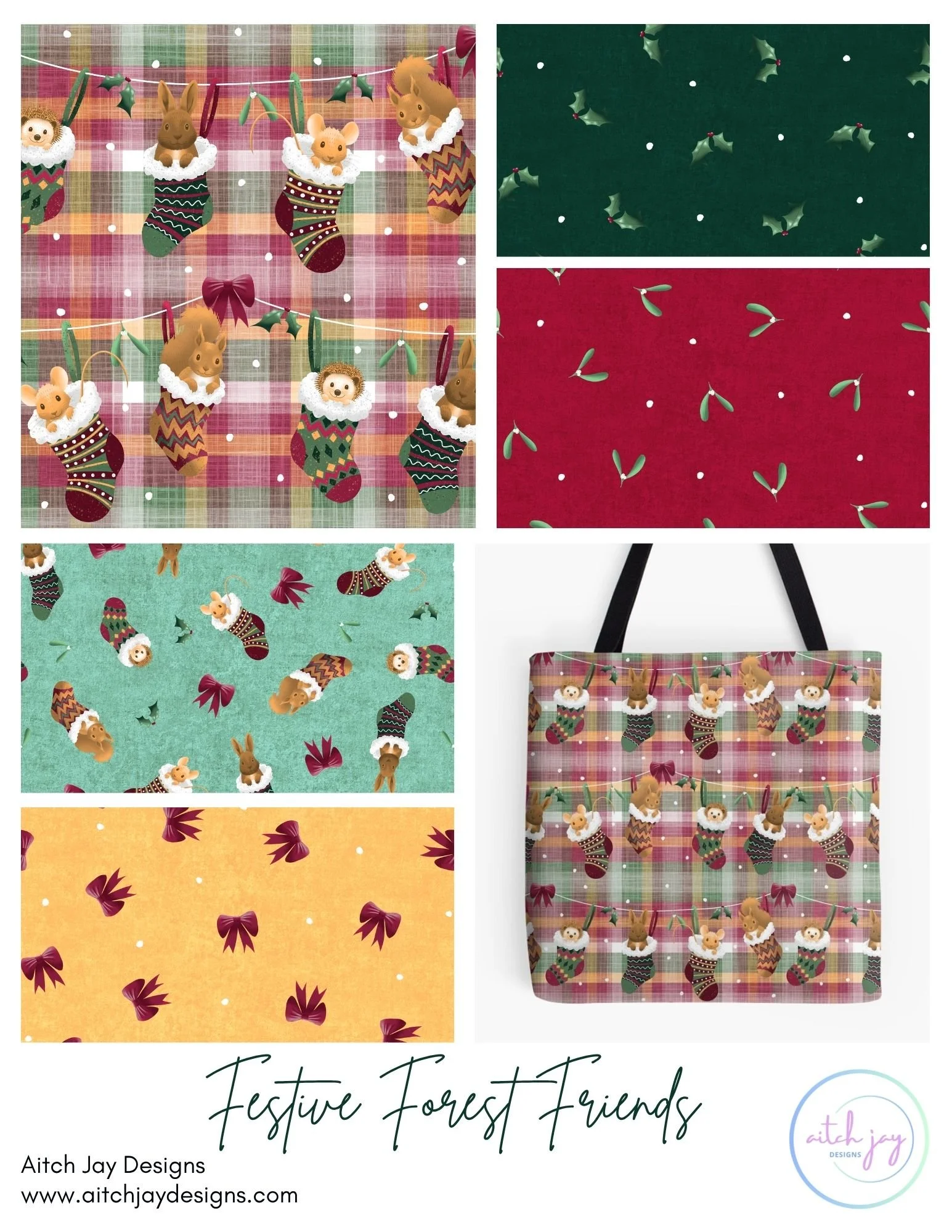 Festive Forest Friends Pattern Design Collection - A heart‑warming holiday collection featuring adorable woodland animals - squirrels, rabbits, mice and hedgehogs - tucked inside Christmas stockings, paired with coordinating holly, mistletoe, bows an