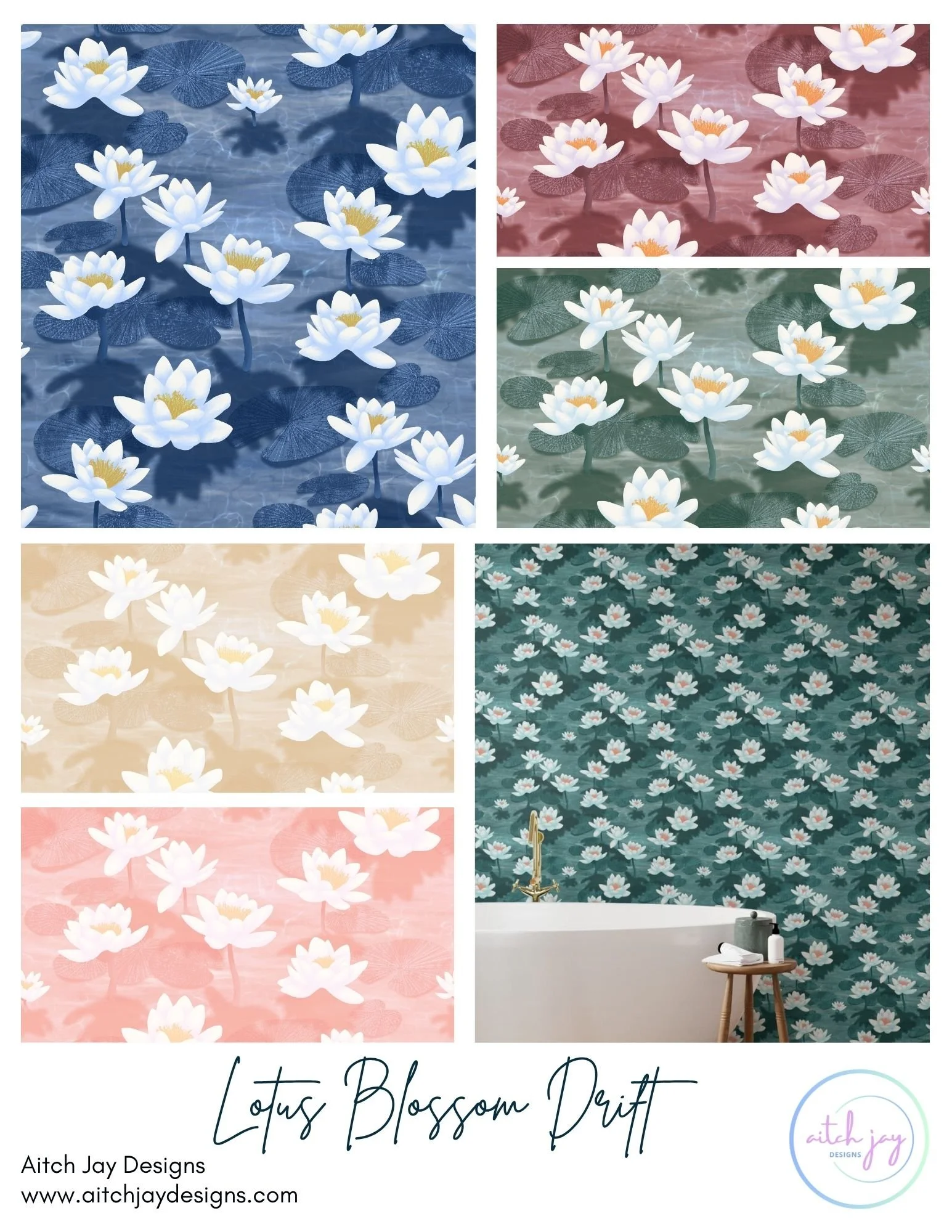 Lotus Blossom Drift Pattern Design Collection - A serene, spa‑inspired wallpaper and textile collection featuring drifting lotus blossoms and lily pads across a wide range of tranquil colourways including blue, maroon, green, beige and pink. The soft
