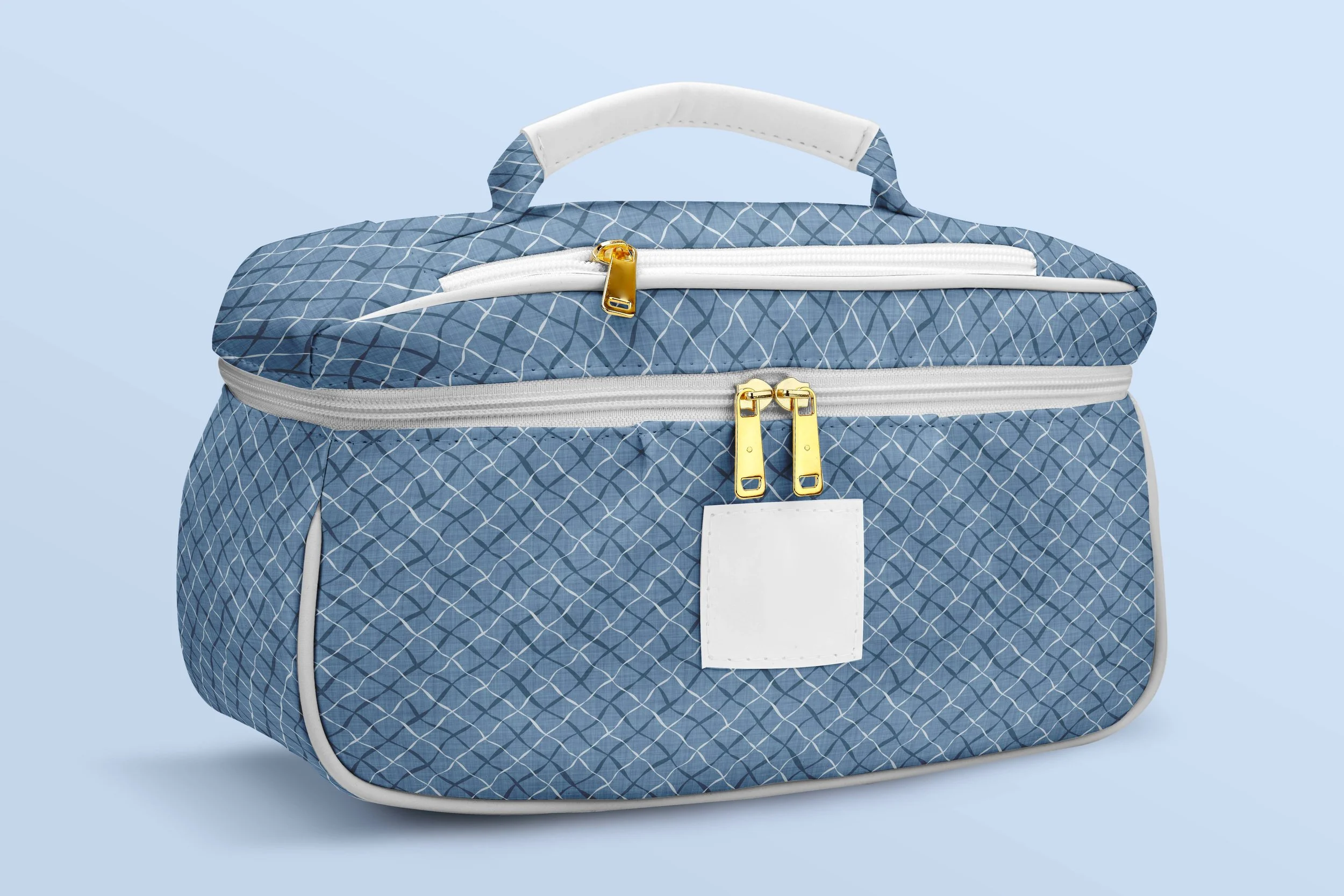 Ribbon Lattice by Aitch Jay Designs — blue travel cosmetic bag featuring a clean diamond‑lattice repeat, blending modern geometric style with functional everyday design.