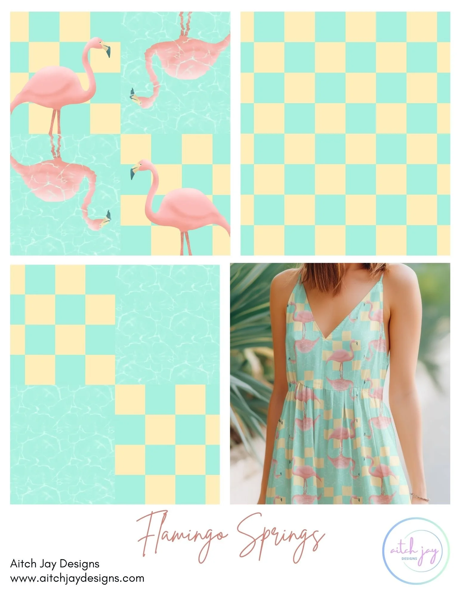 Flamingo Springs Pattern Design Collection -  A vibrant, tropical‑inspired collection featuring elegant pink flamingos wading through turquoise water, paired with bold yellow‑and‑aqua checkerboard coordinates. The mix of playful retro colour, water‑r