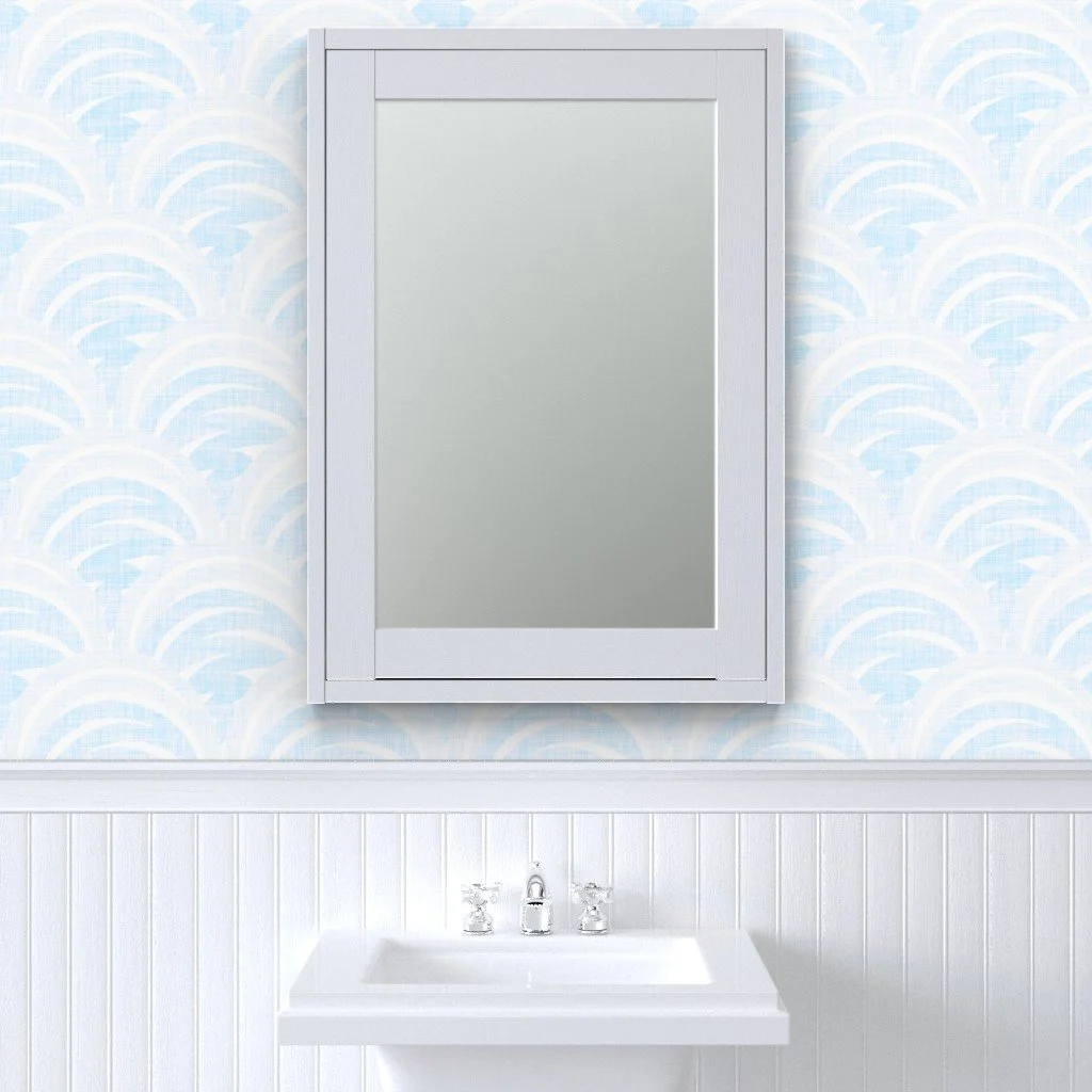 Boho Coastal Scallops by Aitch Jay Designs — light blue scallop‑wave wallpaper creating a fresh, airy coastal feel in a bathroom space.