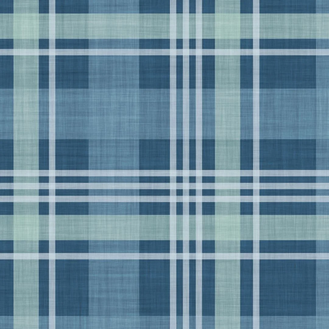 A blue, white and light‑green plaid pattern with intersecting horizontal and vertical stripes forming a clean, geometric grid, creating a fresh, modern look suitable for fabric, wallpaper, and Hamptons or coastal-inspired décor.