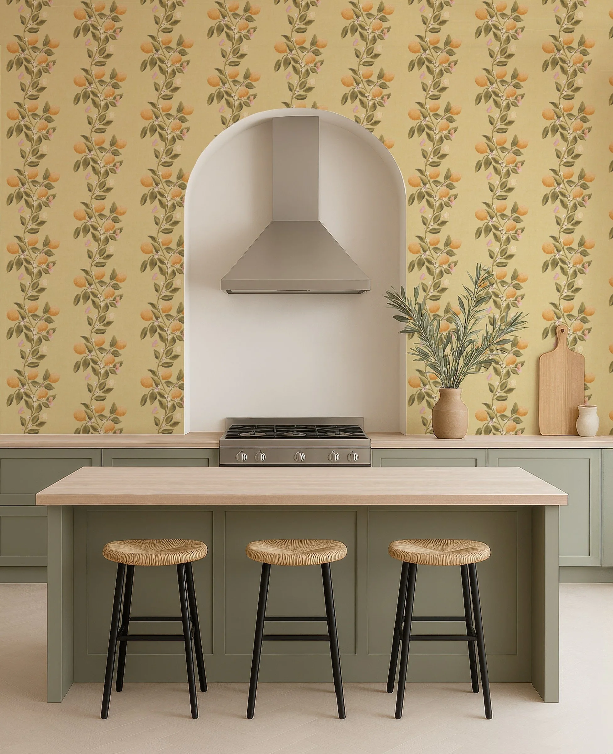 Kitchen scene with wallpaper featuring the Lemon Tree Garden botanical pattern of hand‑drawn lemons, green leaves, blossoms, and butterflies on a cream background, designed by Aitch Jay Designs.