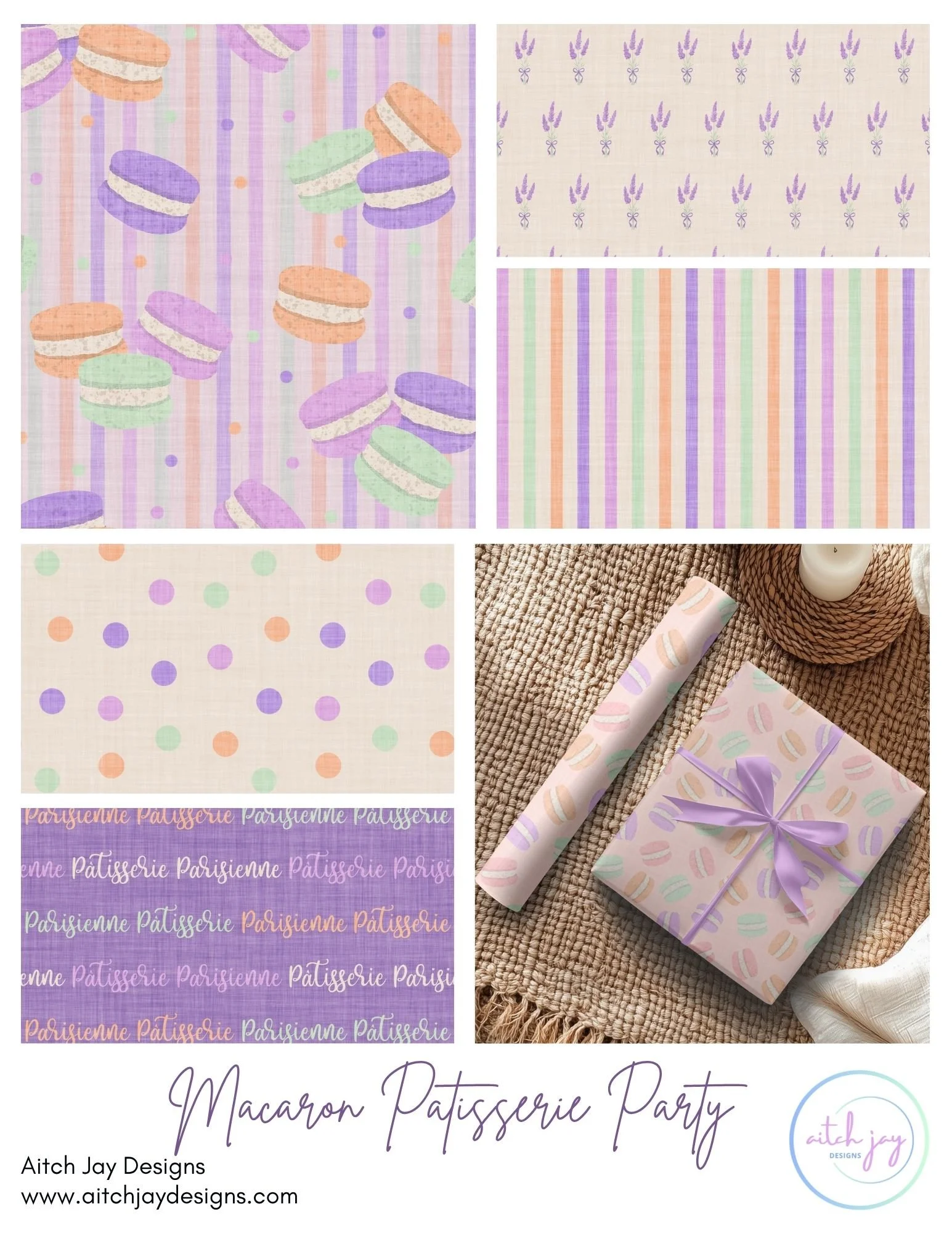 Macaron Patisserie Party Pattern Design Collection – A sweet, pastel‑toned collection inspired by the charm of a French patisserie, featuring colourful macarons, soft candy‑stripe repeats, lavender sprigs, polka dots and Parisian‑style typography. Ma