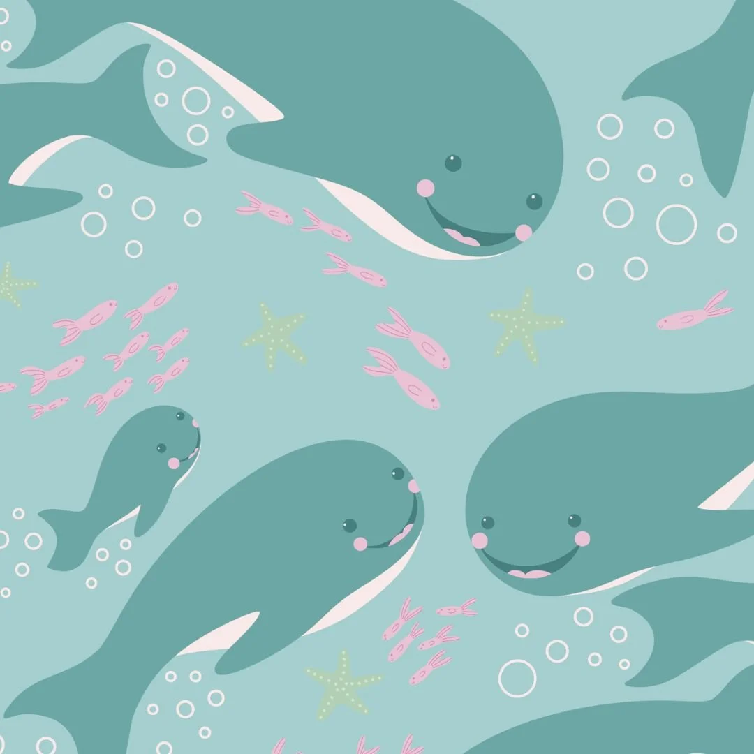 A seamless kids’ pattern featuring smiling teal whales, tiny pink fish, soft bubbles, and small starfish on a light aqua background, creating a playful underwater theme for nursery and toddler décor.