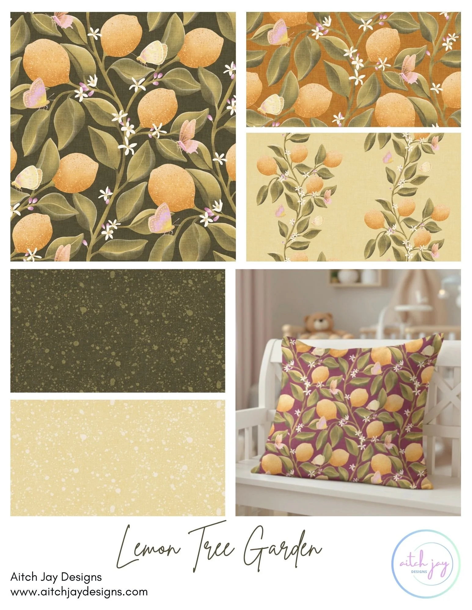 Lemon Tree Garden Pattern Design Collection - A fresh, sun‑kissed collection featuring ripe lemons, leafy branches, delicate blossoms and fluttering butterflies across rich dark green, light green, cream,mustard and dark red palettes. Paired with coo