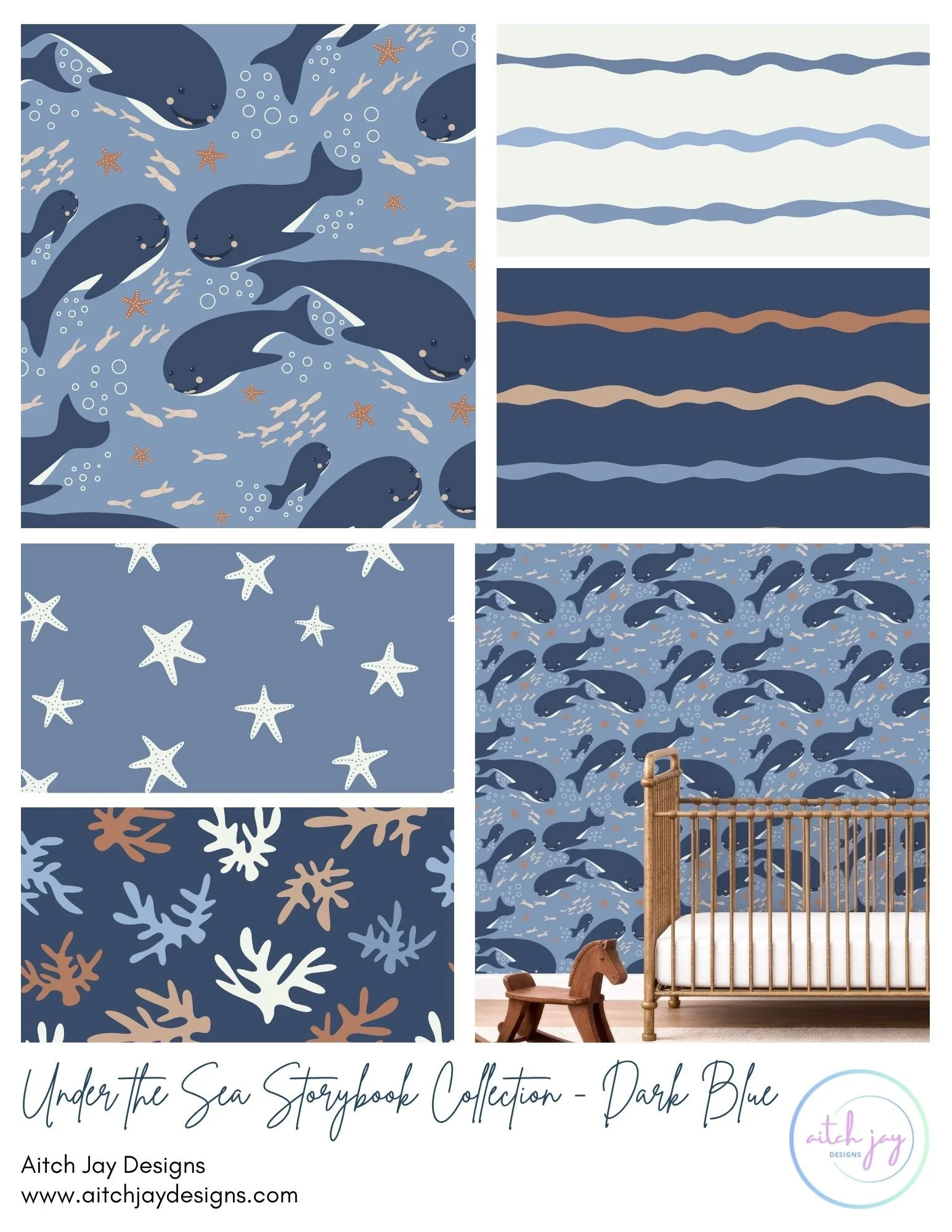 Display of dark blue under the sea storybook collection wallpaper with various whale and starfish illustrations, showcasing different patterns and designs for nursery decor.