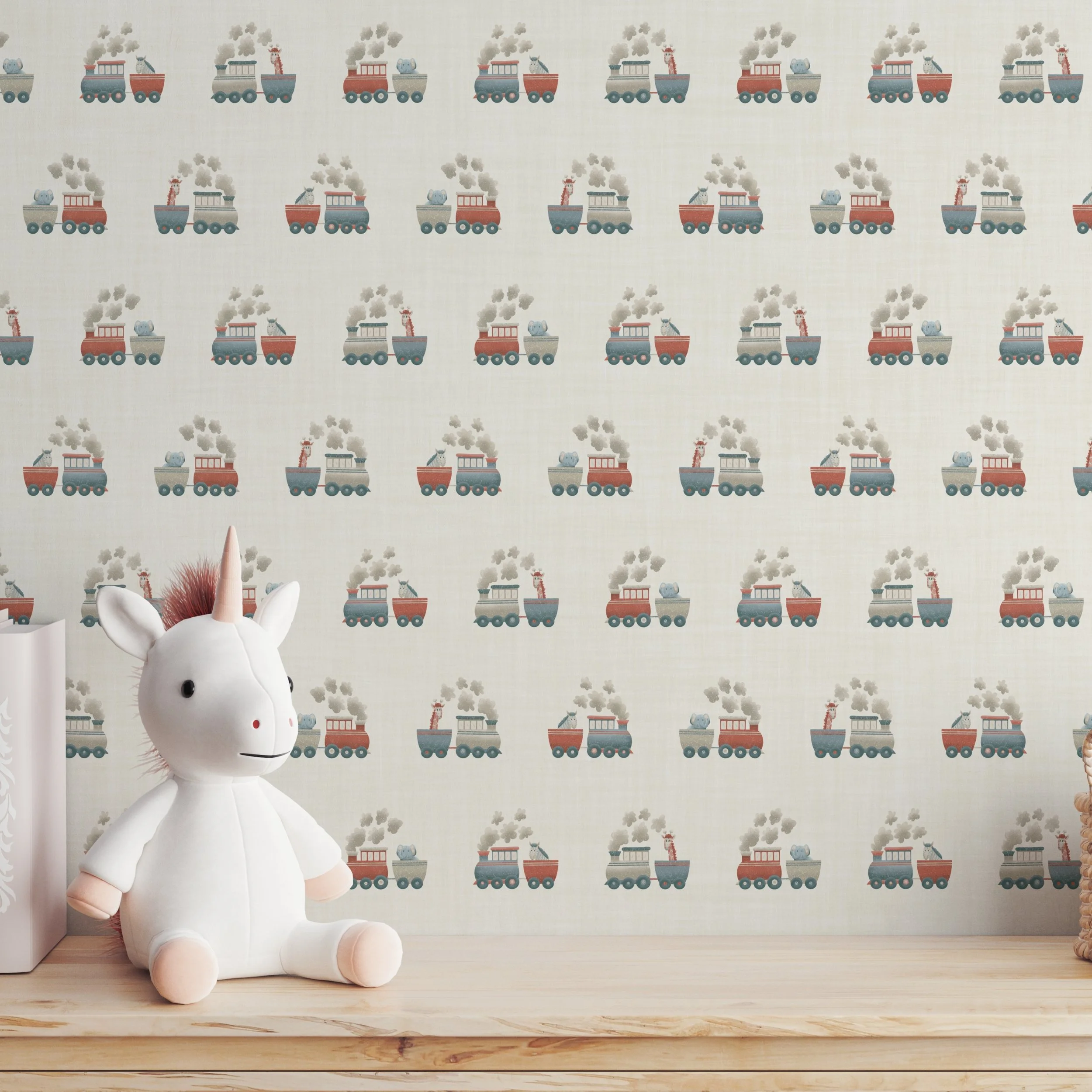 A sweet, storybook‑style nursery featuring soft safari-themed train wallpaper - with elephants, zebras and giraffes - and a plush unicorn toy, creating a warm and imaginative children’s space.