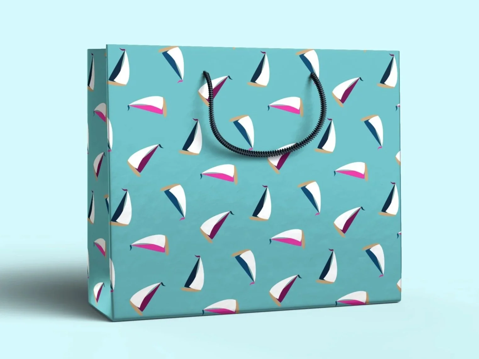 Sail Away Storybook Collection by Aitch Jay Designs — turquoise sailboat tossed repeat with white, navy and pink accents, shown on a gift bag for a fresh, fun, summery coastal packaging look.