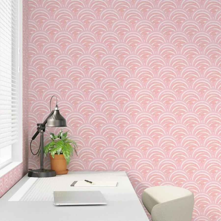 Boho Coastal Scallops by Aitch Jay Designs — pink scallop‑wave wallpaper adding a soft, modern coastal pattern to a workspace home office setting.