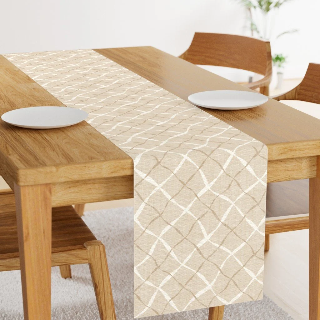Ribbon Lattice by Aitch Jay Designs — neutral geometric crisscross table runner with hand‑drawn lattice texture, adding modern organic patterning to minimalist dining décor.