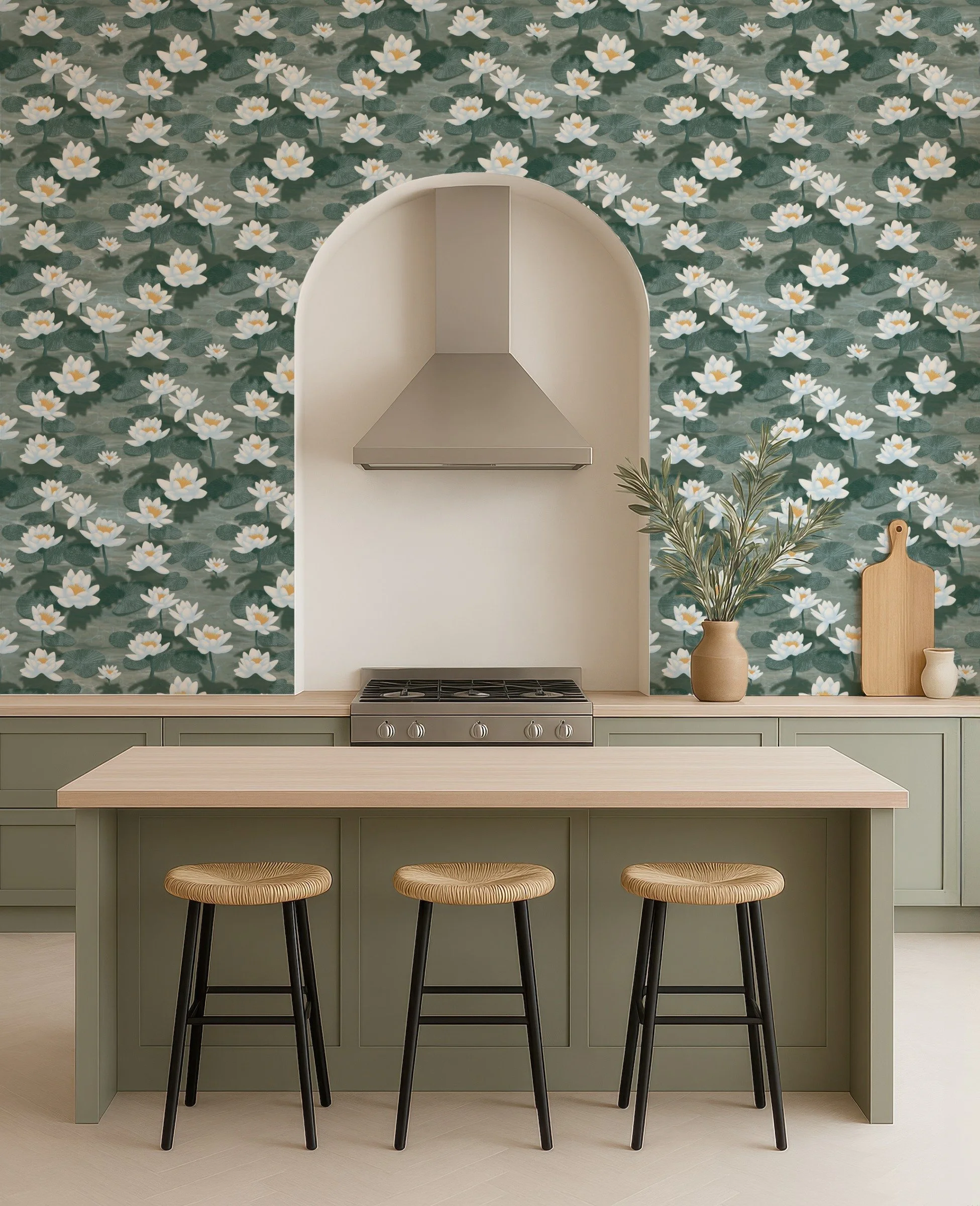 Lotus Blossom Drift by Aitch Jay Designs — a deep green lotus‑flower pattern featured as kitchen wallpaper, highlighting the bold, serene floral motif.