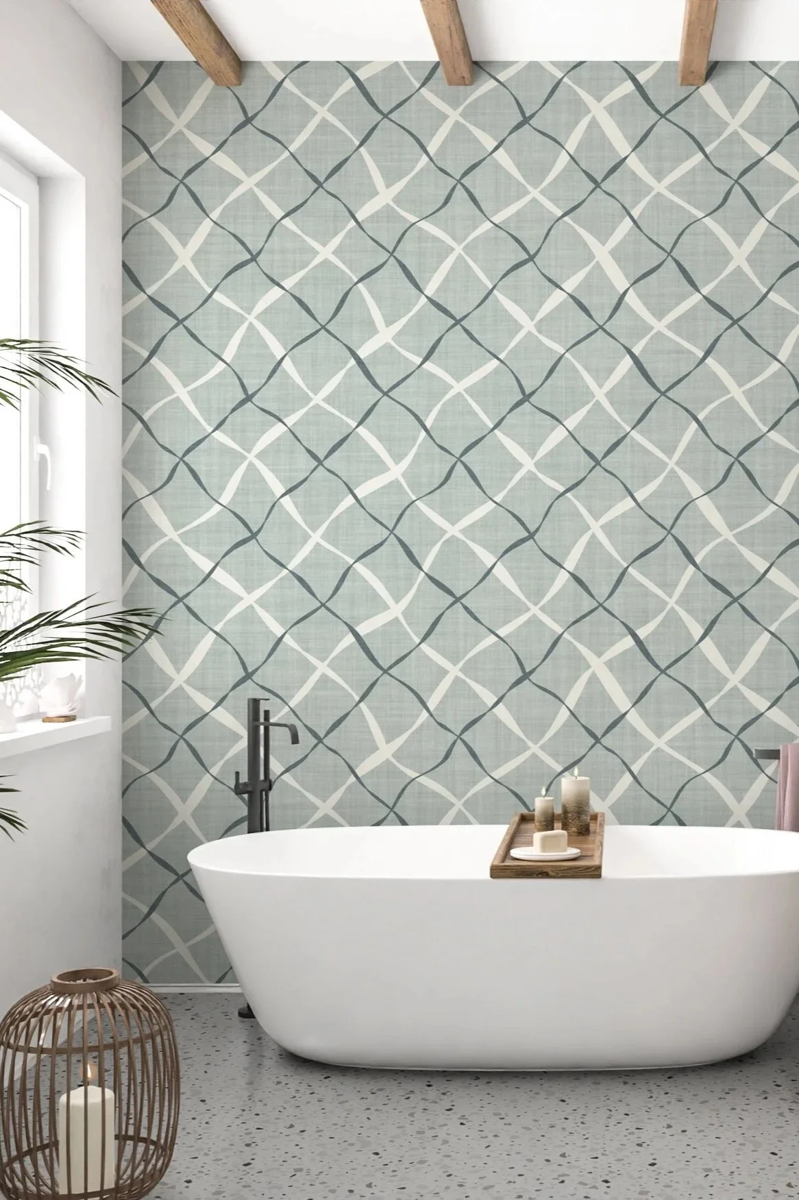 Ribbon Lattice by Aitch Jay Designs — soft blue‑grey curved‑line lattice pattern creating a modern coastal look, shown on a bathroom feature wall behind a freestanding tub to highlight a calm, spa‑inspired interior.