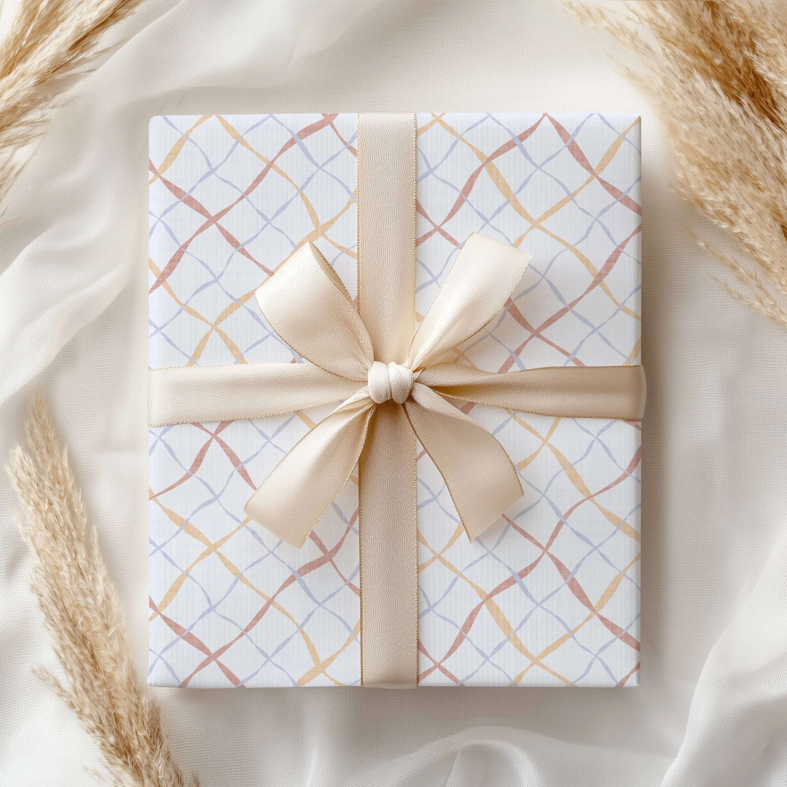 Ribbon Lattice by Aitch Jay Designs — pastel geometric gift wrap with intersecting curved lines in soft rainbow tones, perfect for modern celebratory packaging and aesthetic gifting.