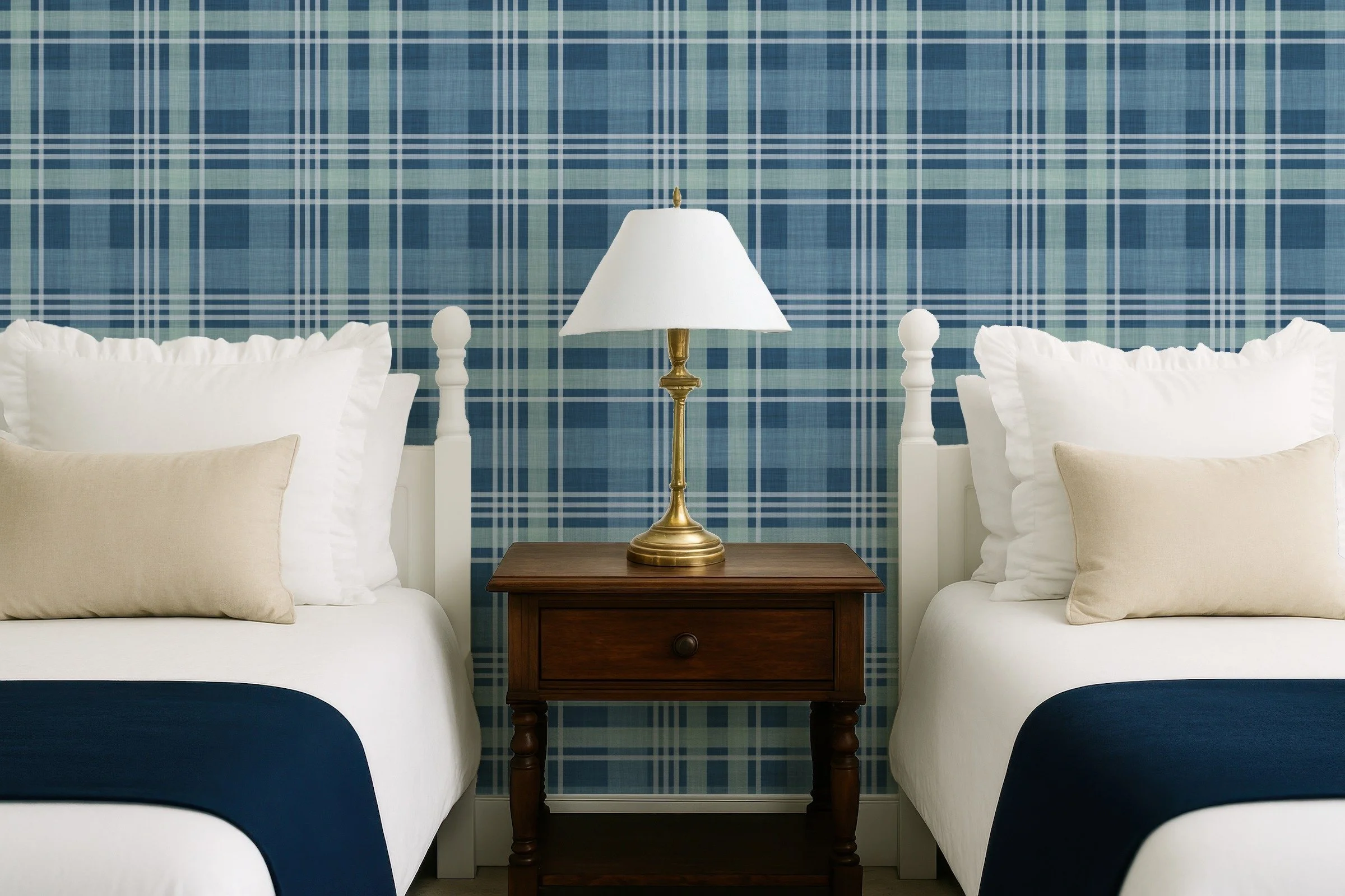 Blue tartan plaid pattern by Aitch Jay Designs — classic Hamptons‑style navy, white and mint green plaid repeat with crisp tailored lines, shown on a twin‑bedroom feature wall for a fresh, breezy coastal interior look.