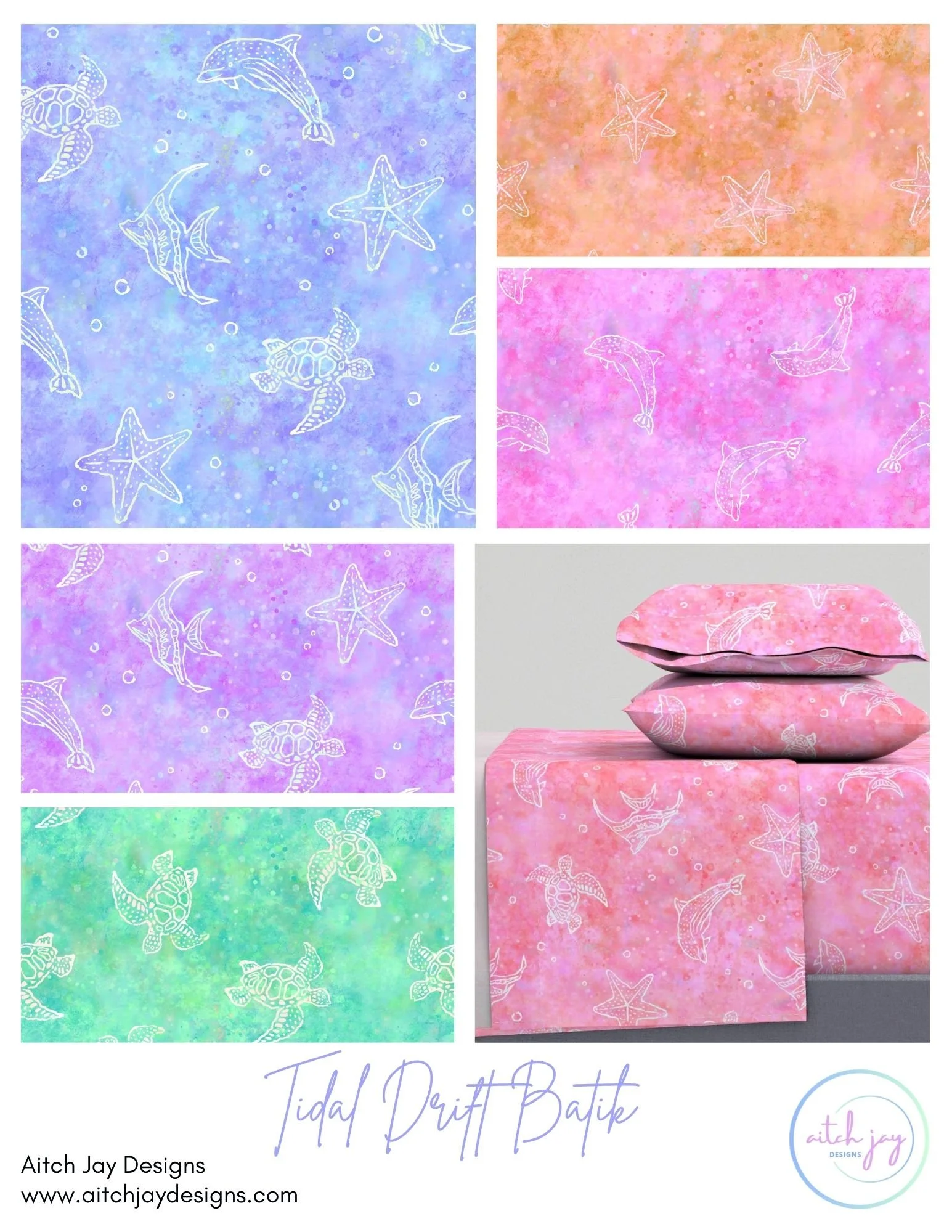 Tidal Drift Batik Pattern Design Collection - A dreamy batik‑inspired ocean collection featuring dolphins, turtles, starfish and angel fish drawn in delicate white linework over watercolor backgrounds in blues, purples, greens and pinks. Perfect for 