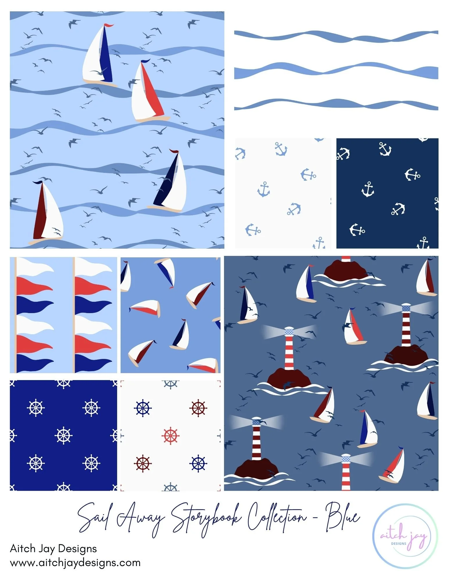 Sail Away Storybook Collection by Aitch Jay Designs — coordinated nautical patterns featuring sailboats, waves, anchors, ship wheels and lighthouses in classic coastal blues, arranged in a cohesive maritime design set.