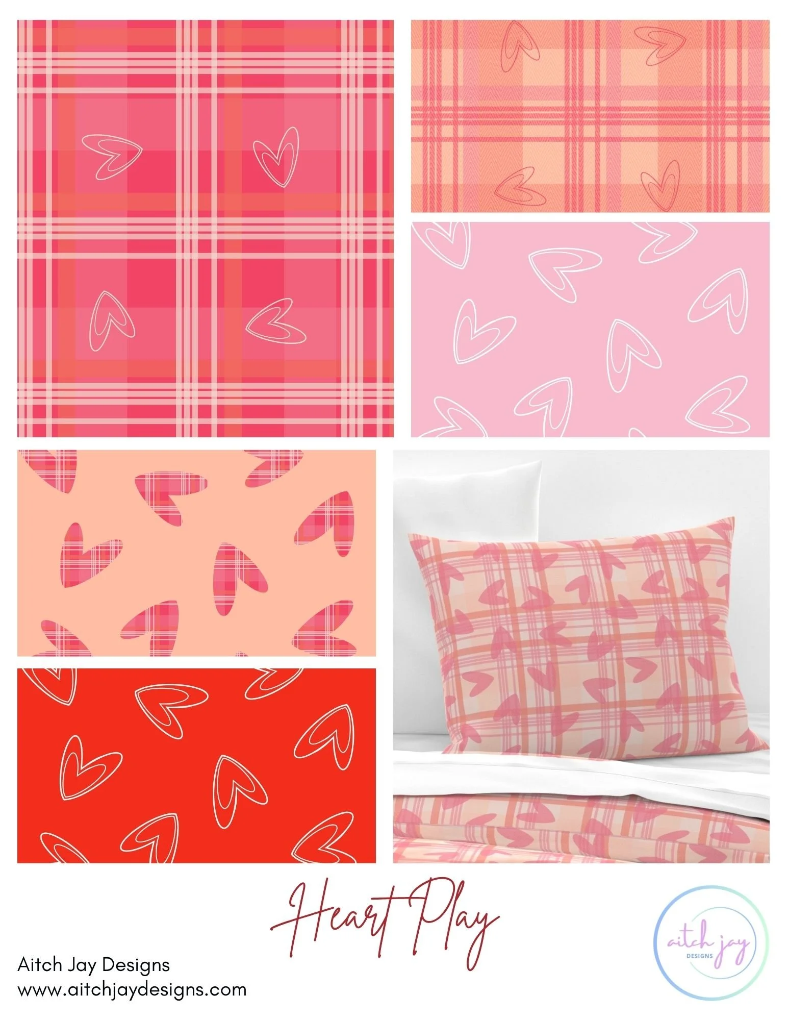 Heart Play Pattern Design Collection – A cheerful, modern collection blending playful heart outlines with bold plaid textures in a coordinated palette of pink, red, blush and peach. Heart Play brings together trending romantic motifs and contemporary