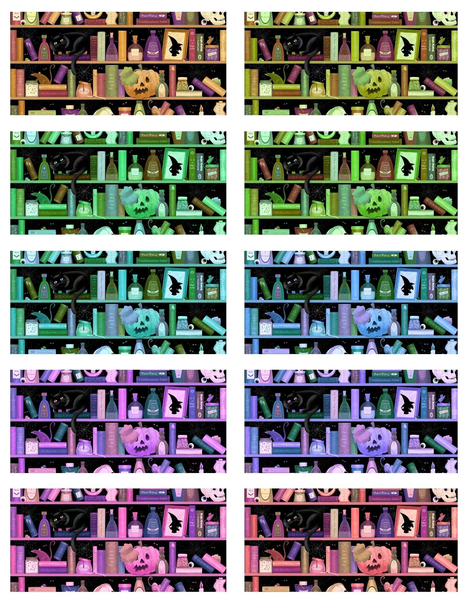 Colorful illustrated Halloween-themed bookshelves with decorations including a black cat, witch hat, pumpkin, potion bottles, skull, spider webs, and spell books, shown in multiple color schemes.