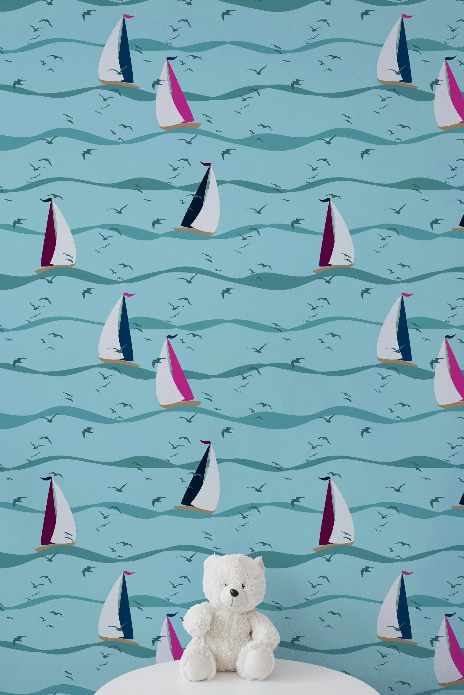 Sail Away Storybook Collection by Aitch Jay Designs — modern sailboat repeat with magenta, white and navy accents on flowing aqua waves, shown on a nursery wall for a bold, storybook‑coastal look.