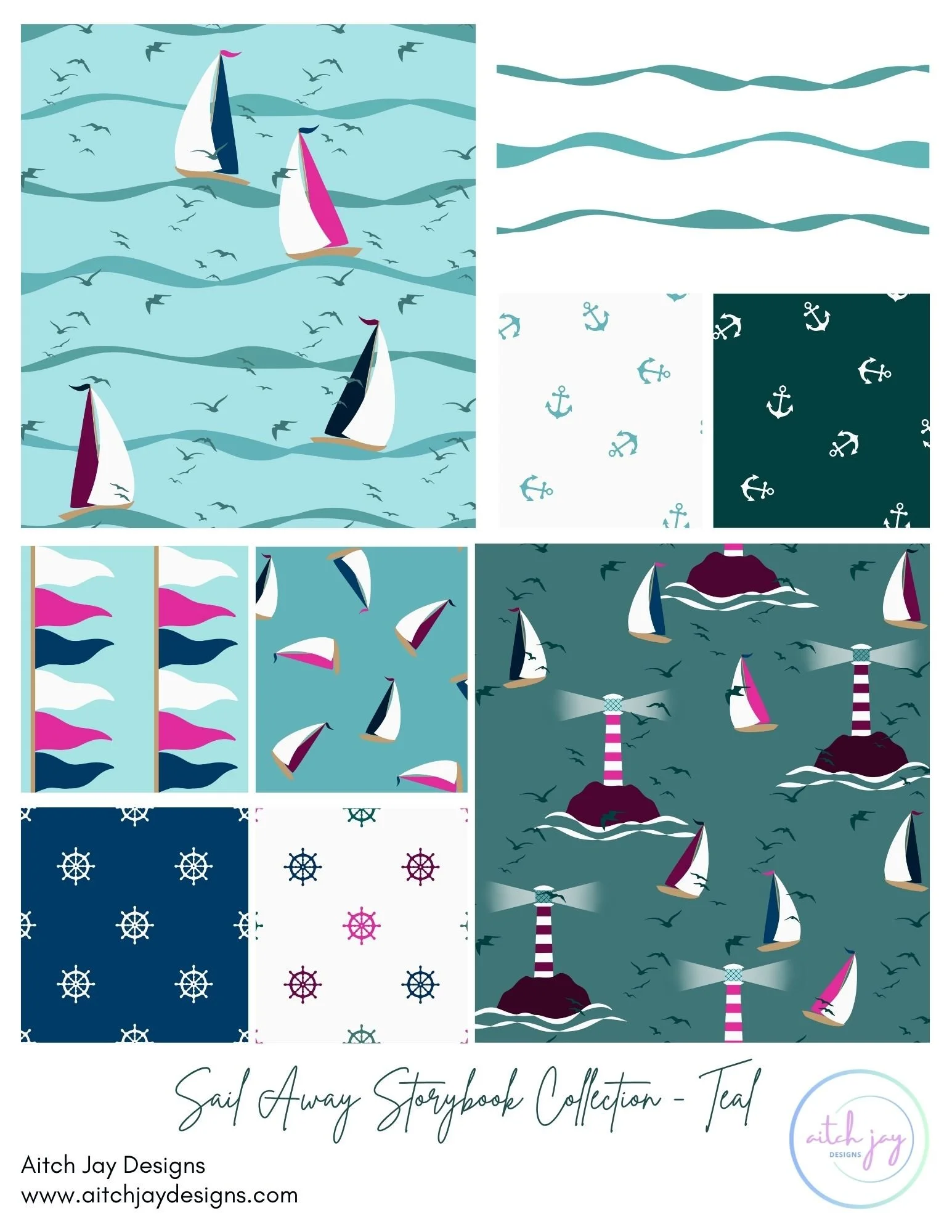 Sail Away Storybook Collection by Aitch Jay Designs — teal‑toned nautical pattern suite with sailboats, anchors, ship wheels and lighthouses, showcasing a playful maritime palette for coastal décor, fabric, home goods, accessories and stationery.