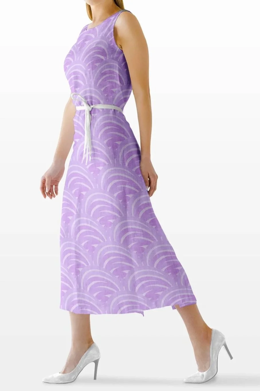 Boho Coastal Scallops by Aitch Jay Designs — flowing purple dress featuring a subtle scallop‑wave repeat, highlighting the gentle curved pattern.