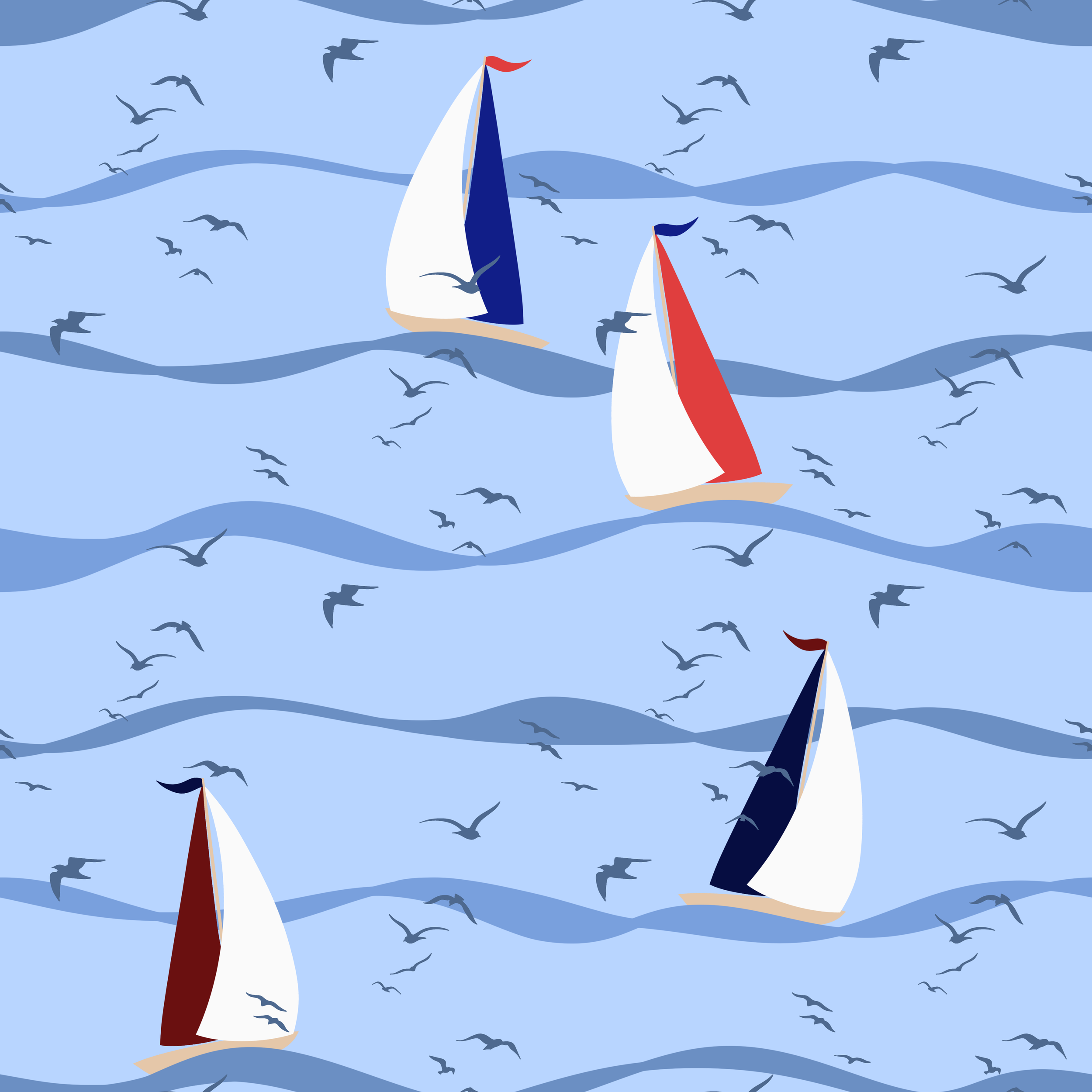 Sail Away Storybook Collection - Hand‑drawn sailboats with red and blue sails drifting across layered blue waves, surrounded by flying seabirds in a soft coastal storybook style; repeating nautical pattern designed for children’s décor and fabric.
