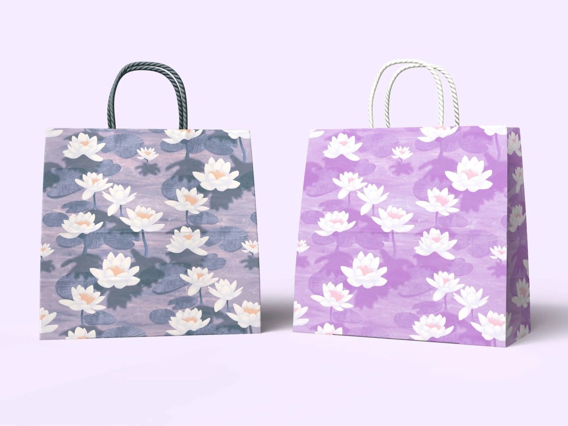 Lotus Blossom Drift by Aitch Jay Designs — lotus‑flower patterned gift bags in soft purples and pinks, highlighting the delicate floral repeat across two coordinated colourways.