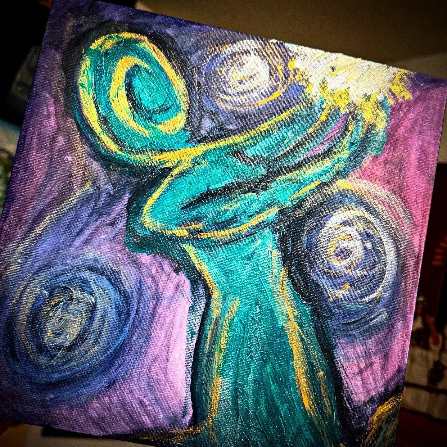 Abstract painting of a turquoise vase with swirling, spiral shapes in shades of gold, purple, and black, resembling flowers or celestial bodies.