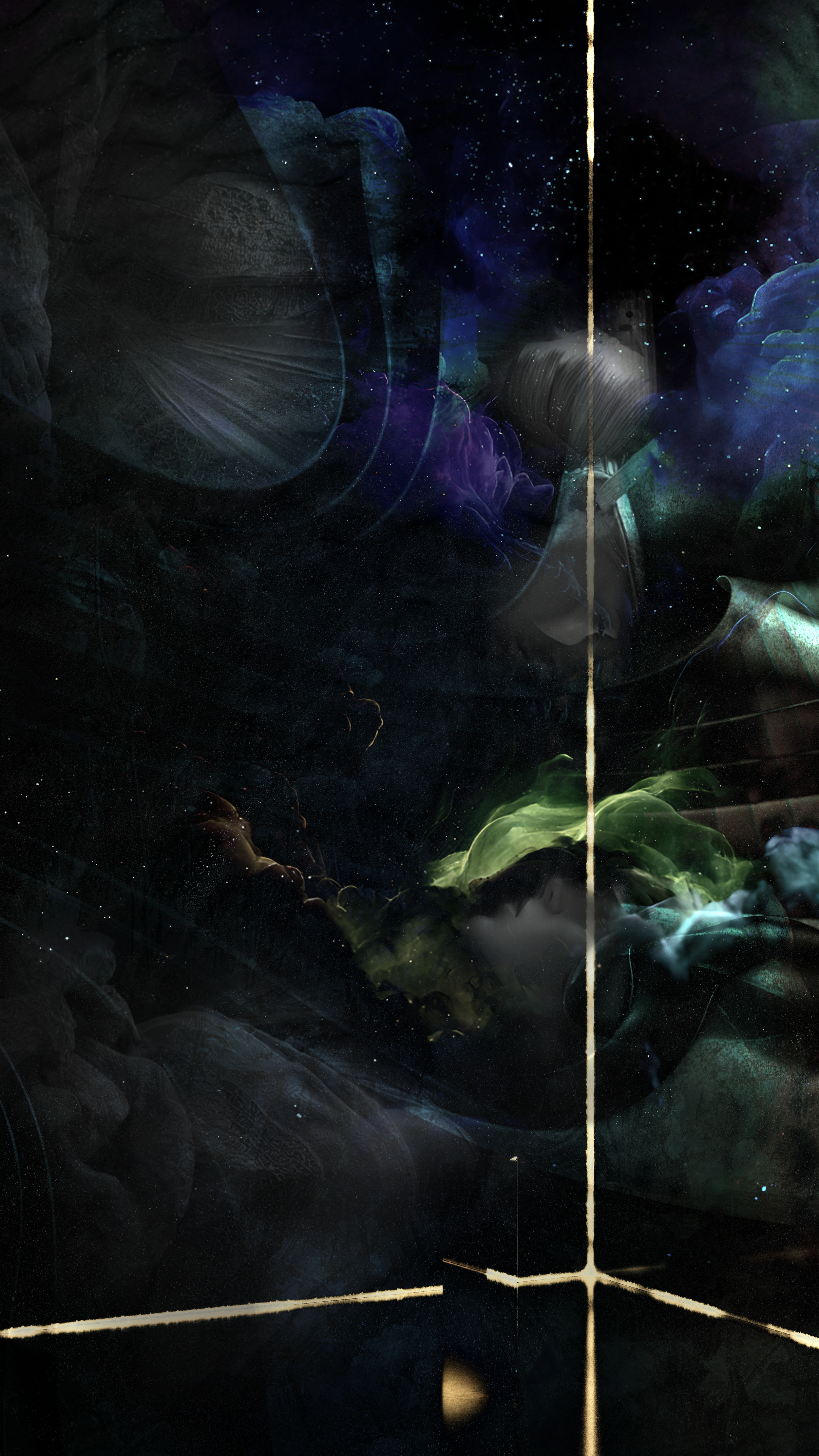 Abstract digital artwork with dark background, colorful cosmic-like clouds, and a vertical golden line intersecting horizontal lines near the bottom.