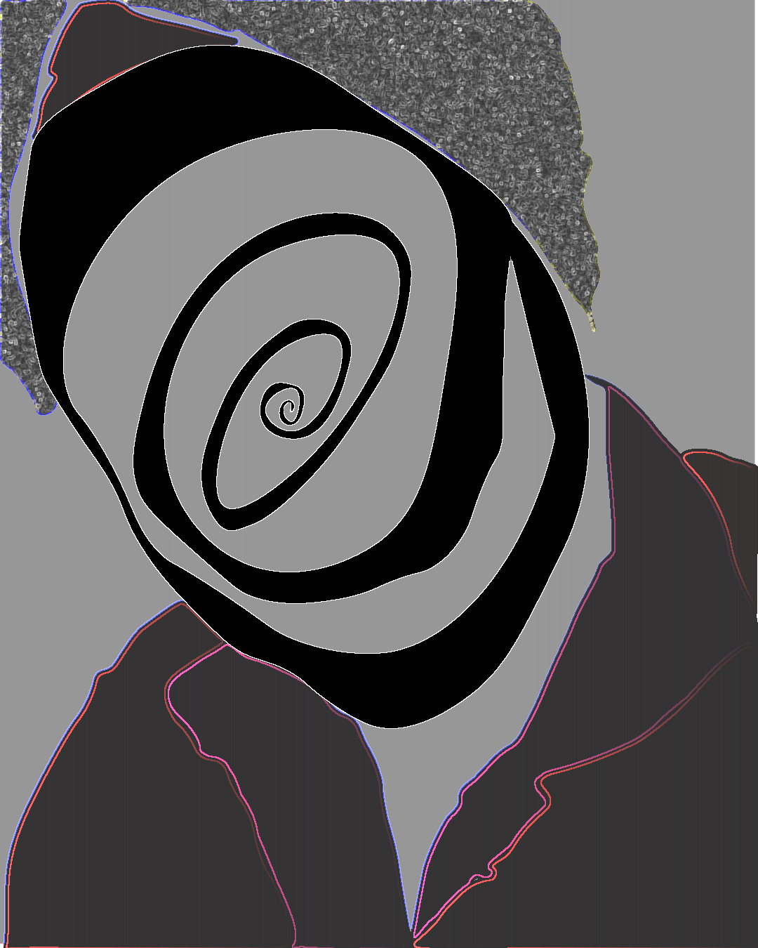 An abstract digital line art image featuring a spiral design at the center, with textured dark gray sections at the top corners and neon-colored outlines in red, blue, yellow, and pink along the edges.