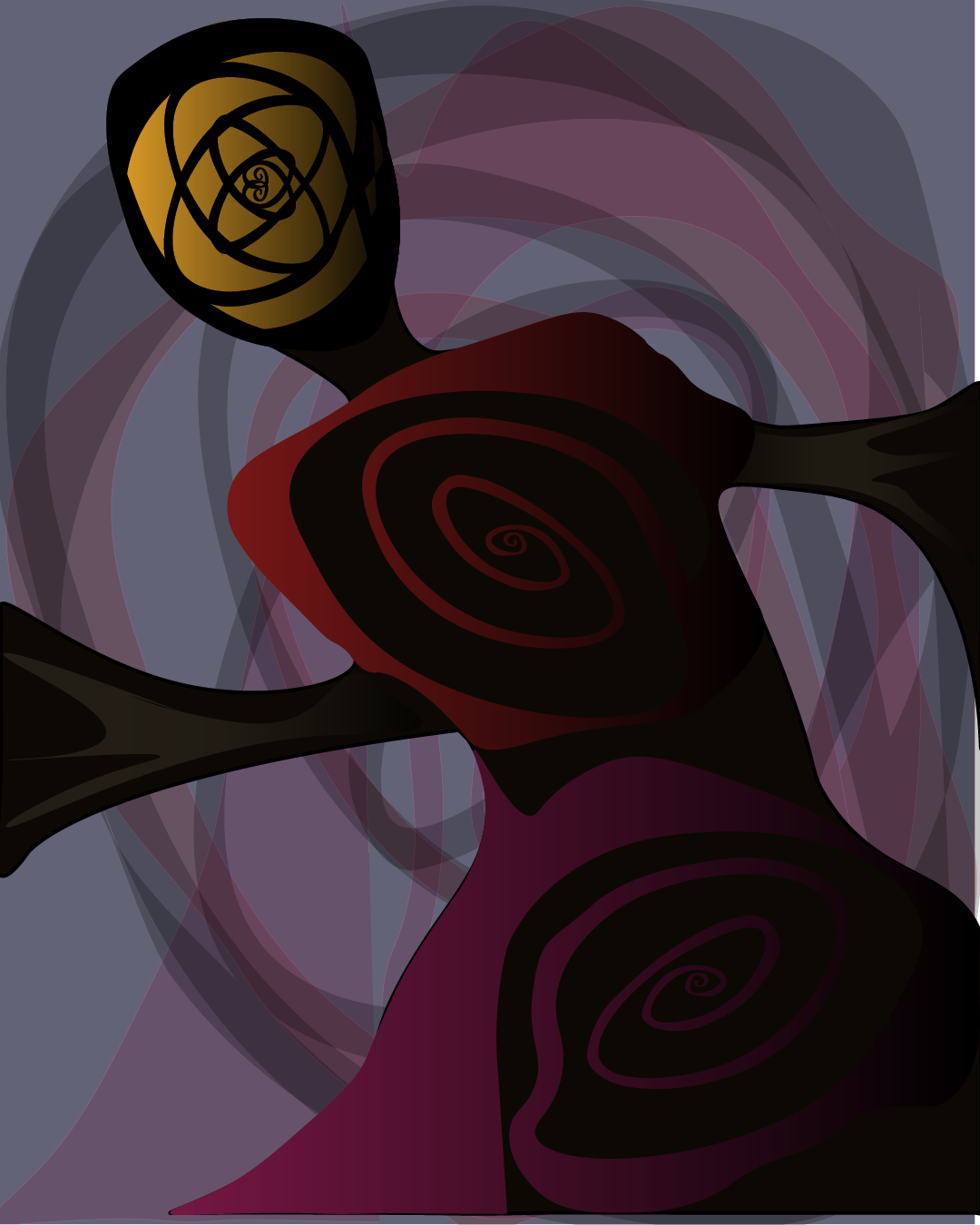 Abstract digital artwork with swirling shapes in dark colors, including black, purple, red, and yellow.