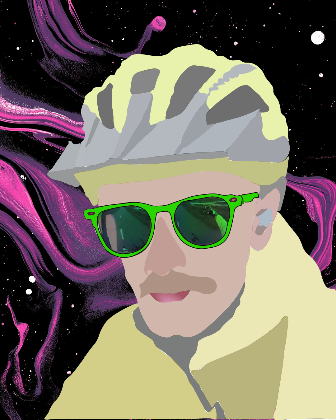 Digital illustration of a person with platinum blonde hair, green sunglasses, wearing a light yellow hoodie, with a cosmic background of swirling pink, purple, and black nebulae.