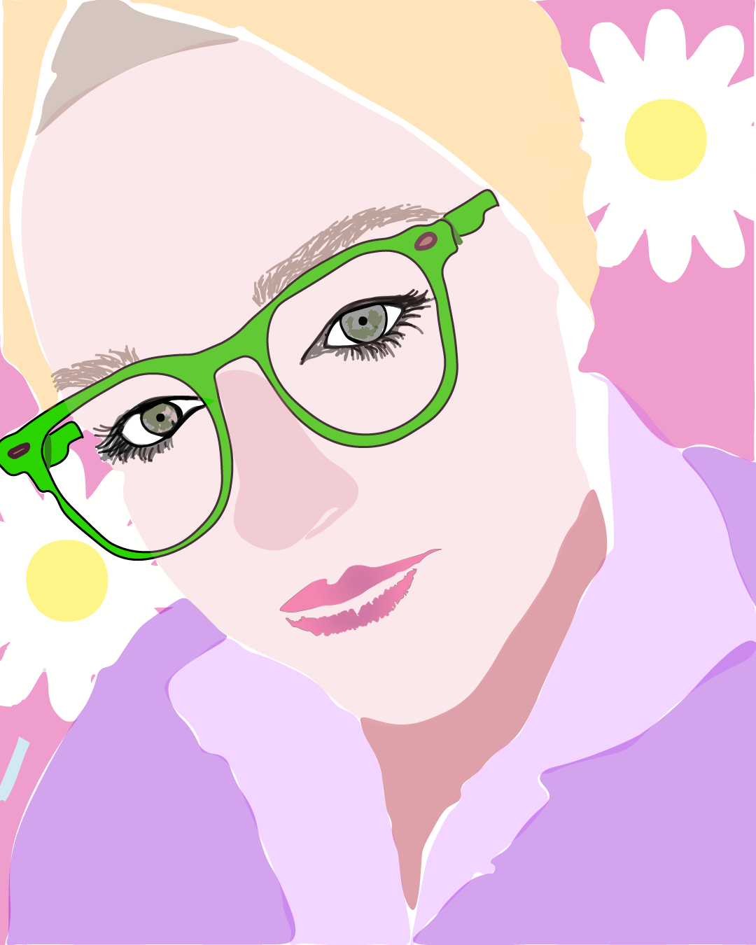 Digital illustration of a woman with light-colored hair, wearing bright green glasses, and a pastel purple hoodie, with pink and white daisies in the background.