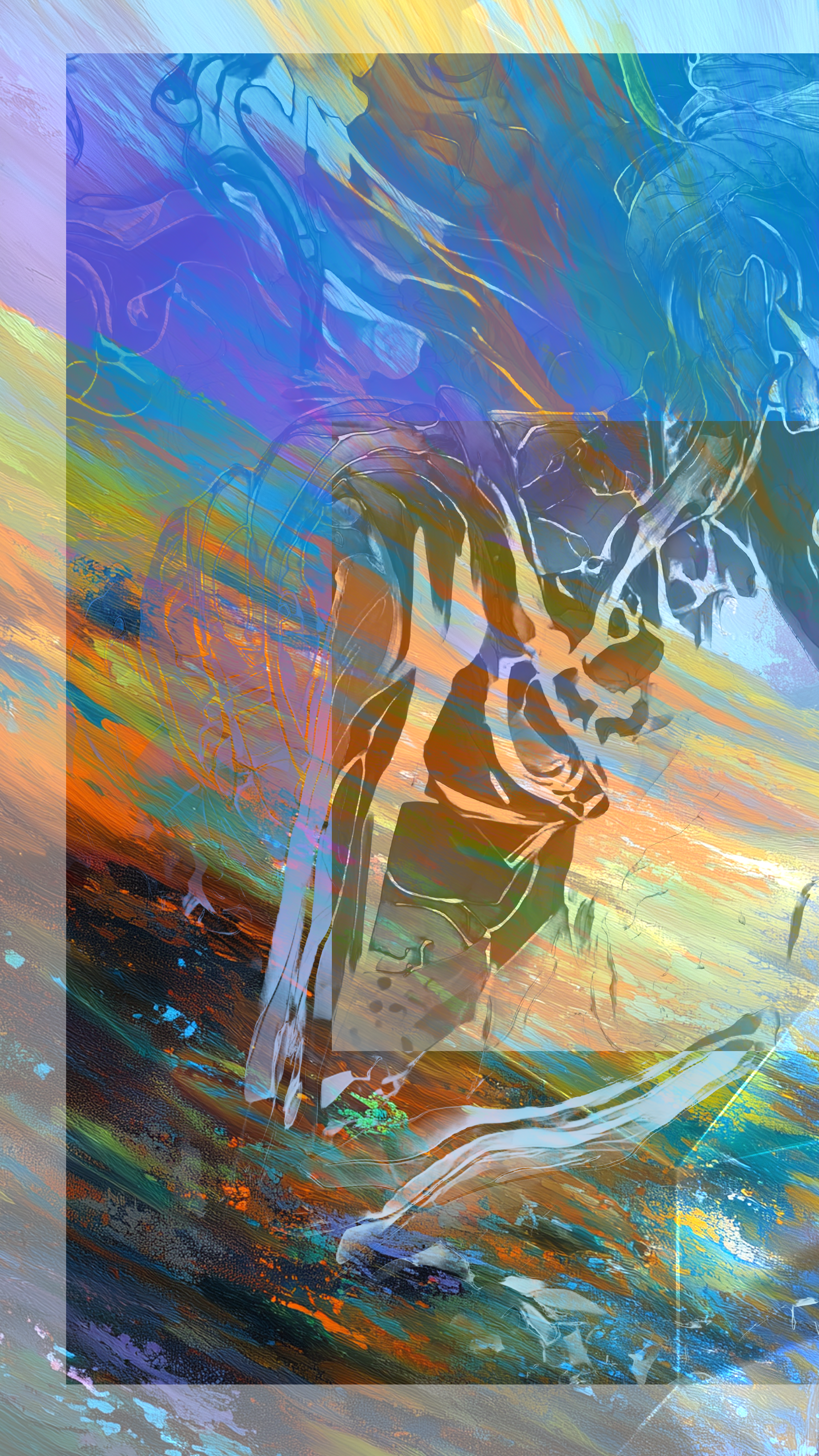 Abstract colorful digital artwork resembling a landscape with swirling patterns, vibrant hues of blue, orange, yellow, and green.