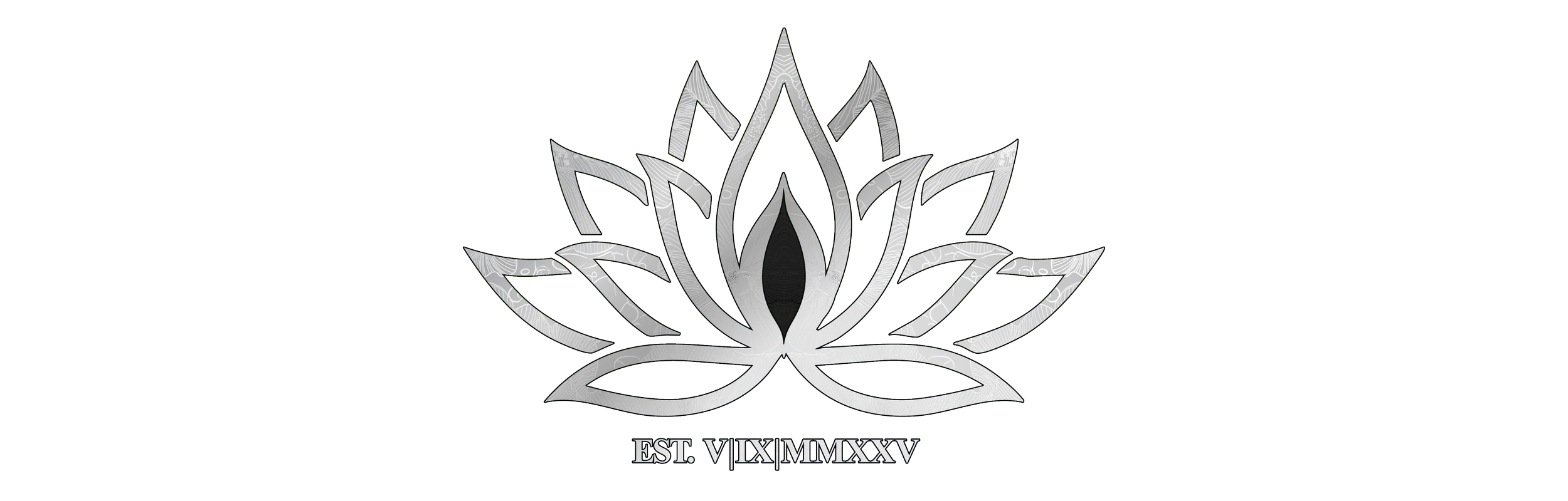 A stylized silver lotus flower with the Roman numerals 'MCMXXV' and the abbreviation 'EST' beneath it, against a black background.