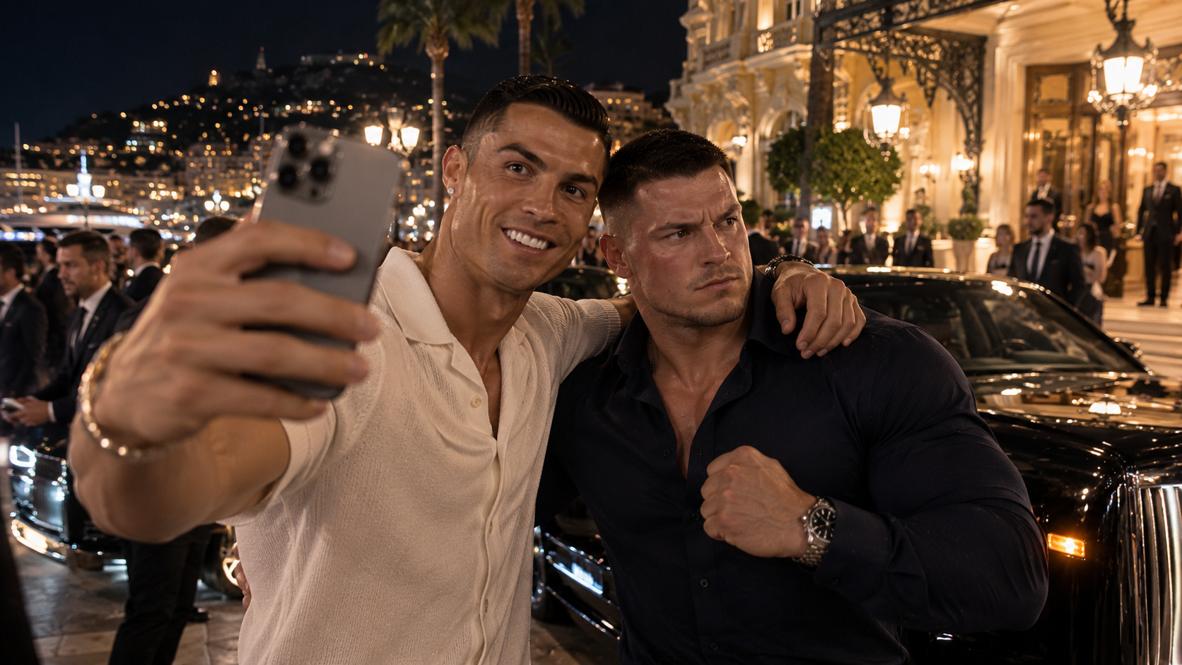 Zwei Männer machen ein Selfie vor einem Hotel mit einer Gruppe von Menschen im Abendlicht. Eines der Männer trägt ein weißes Hemd, das andere ein schwarzes Hemd. Es ist Nacht, und die Stadt Lichter sind im Hintergrund sichtbar.