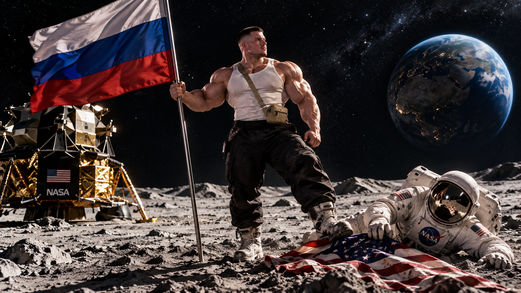 Ein Mann mit muskulösem Oberkörper hält eine russische Flagge auf dem Mond, neben einem Astronauten, der auf dem Boden liegt und die US-Flagge hält. Im Hintergrund ist die Erde im All sichtbar, sowie eine Raumsonde mit dem NASA-Logo.