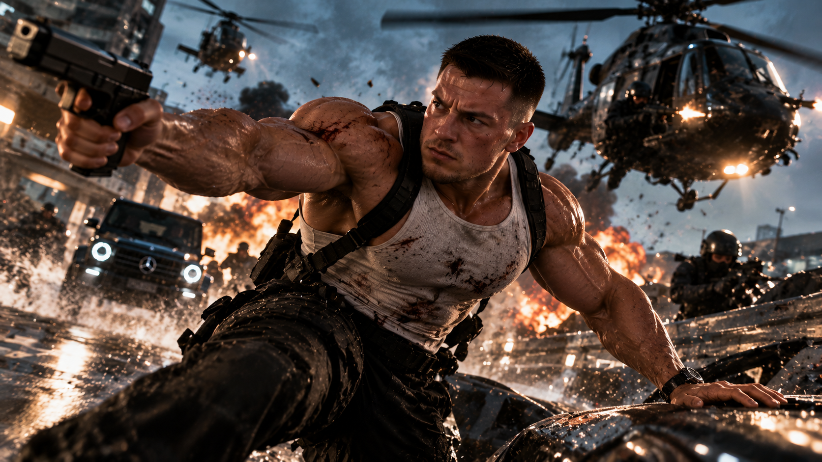 Ein muskulöser Mann in einem schmutzigen Tanktop kämpft inmitten einer Explosion, mit Soldaten und Helikoptern im Hintergrund.