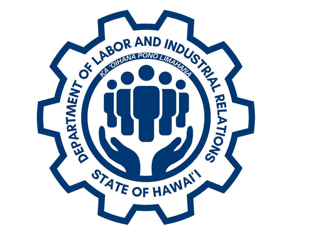 Seal of the Department of Labor and Industrial Relations, State of Hawaii, featuring a pair of balanced scales inside a house outline.