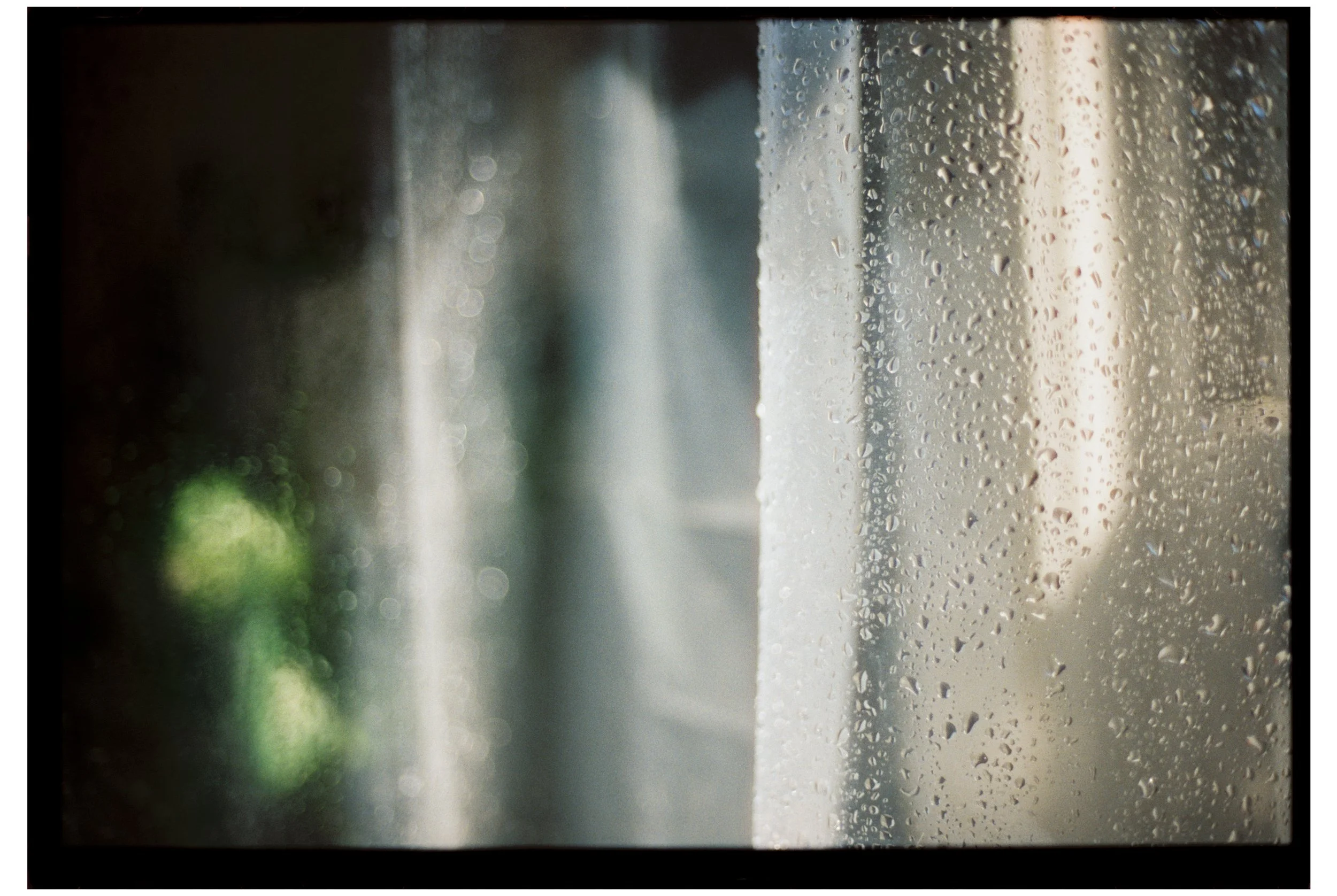 Water droplets on the shower curtain and morning light. Portland, Maine. October 2025.