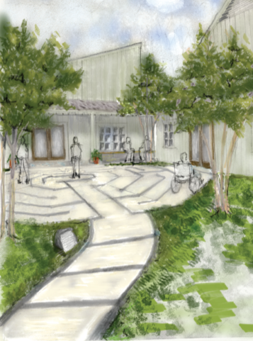 Watercolor illustration of a small outdoor courtyard with a winding pathway, surrounded by green trees and a building with large windows, with people sitting on benches and walking.
