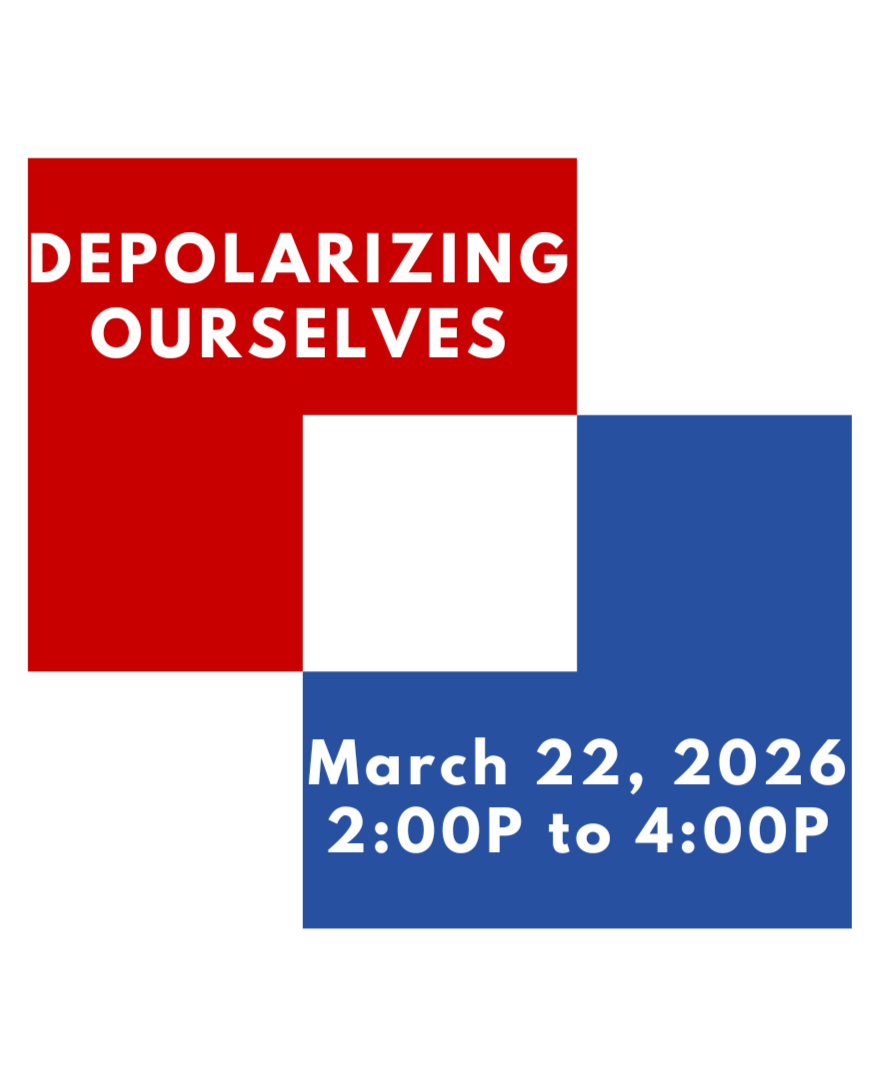 A graphic with red and blue blocks contains the text "Depopularizing Ourselves" in white, and below it, the event date and time "March 22, 2026 2:00P to 4:00P" in white.