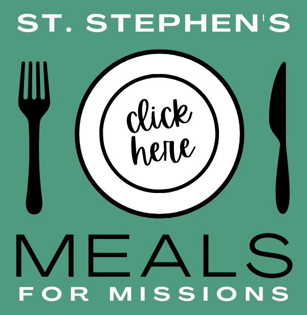 A graphic with a plate, fork, and knife on a green background, with text indicating it's from St. Stephen's Meals for Missions, prompting users to click here.