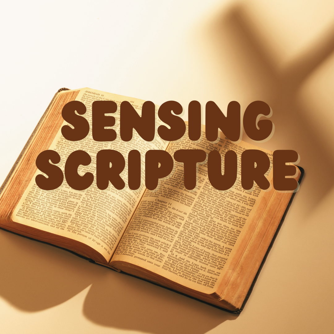 Open Bible with the words 'SENSING SCRIPTURE' overlayed in large brown text.