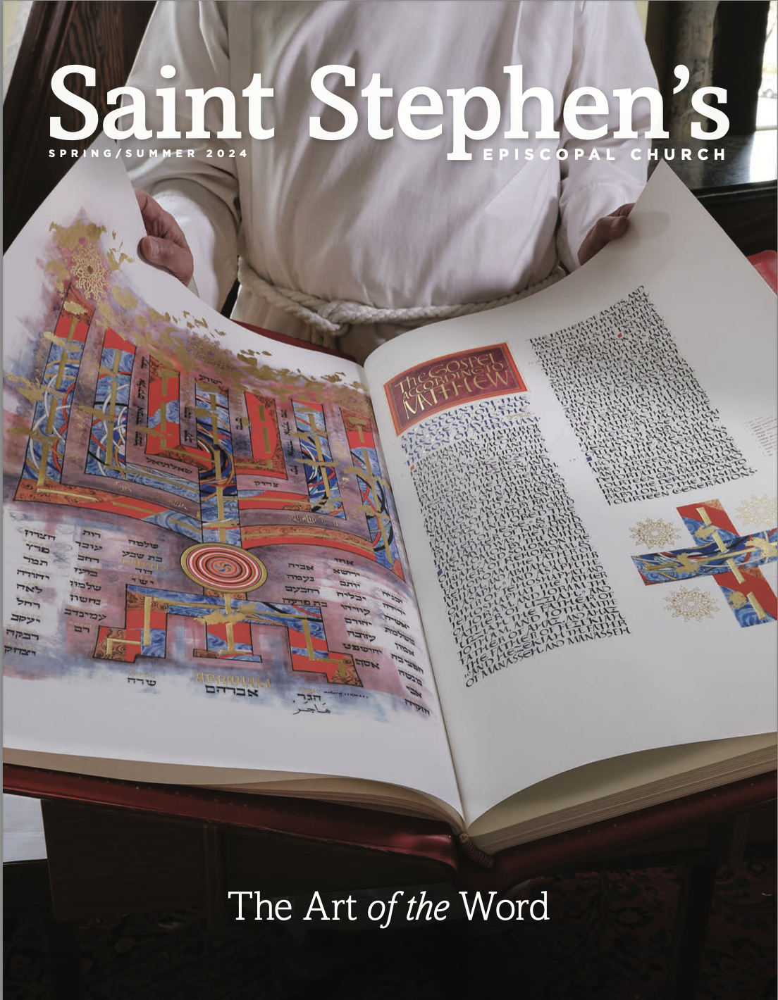A person dressed in white robes holding an open large book, which contains colorful, intricate illustrations and text related to religious themes, with the title "Saint Stephen’s Epistolical Church" on the cover and the subtitle "The Art of the Word".