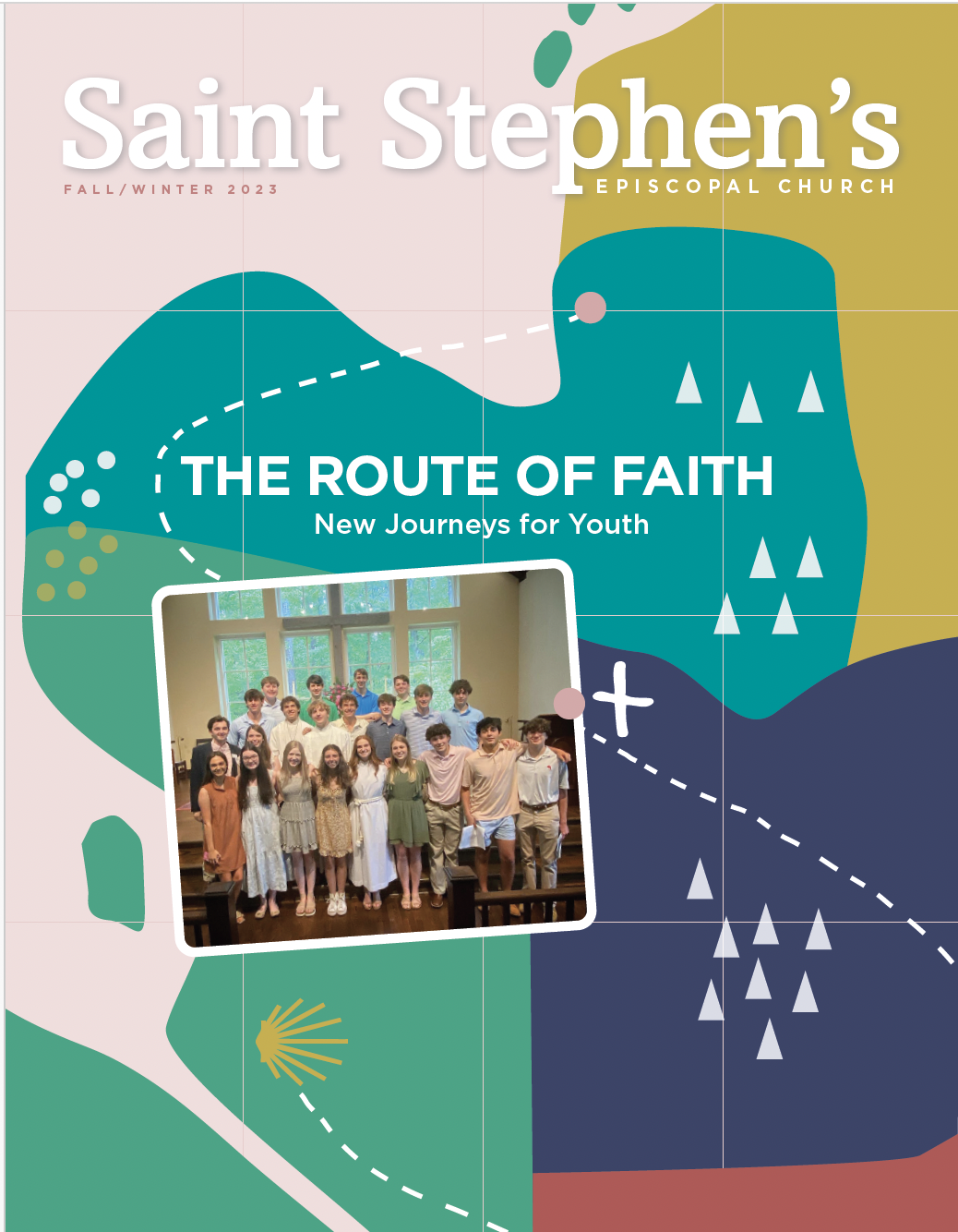 Cover page of Saint Stephen's Episcopal Church fall/winter 2023 publication titled "The Route of Faith: New Journeys for Youth." Includes a group photo of young people inside a church, with a colorful, abstract background featuring a map and pathway design.