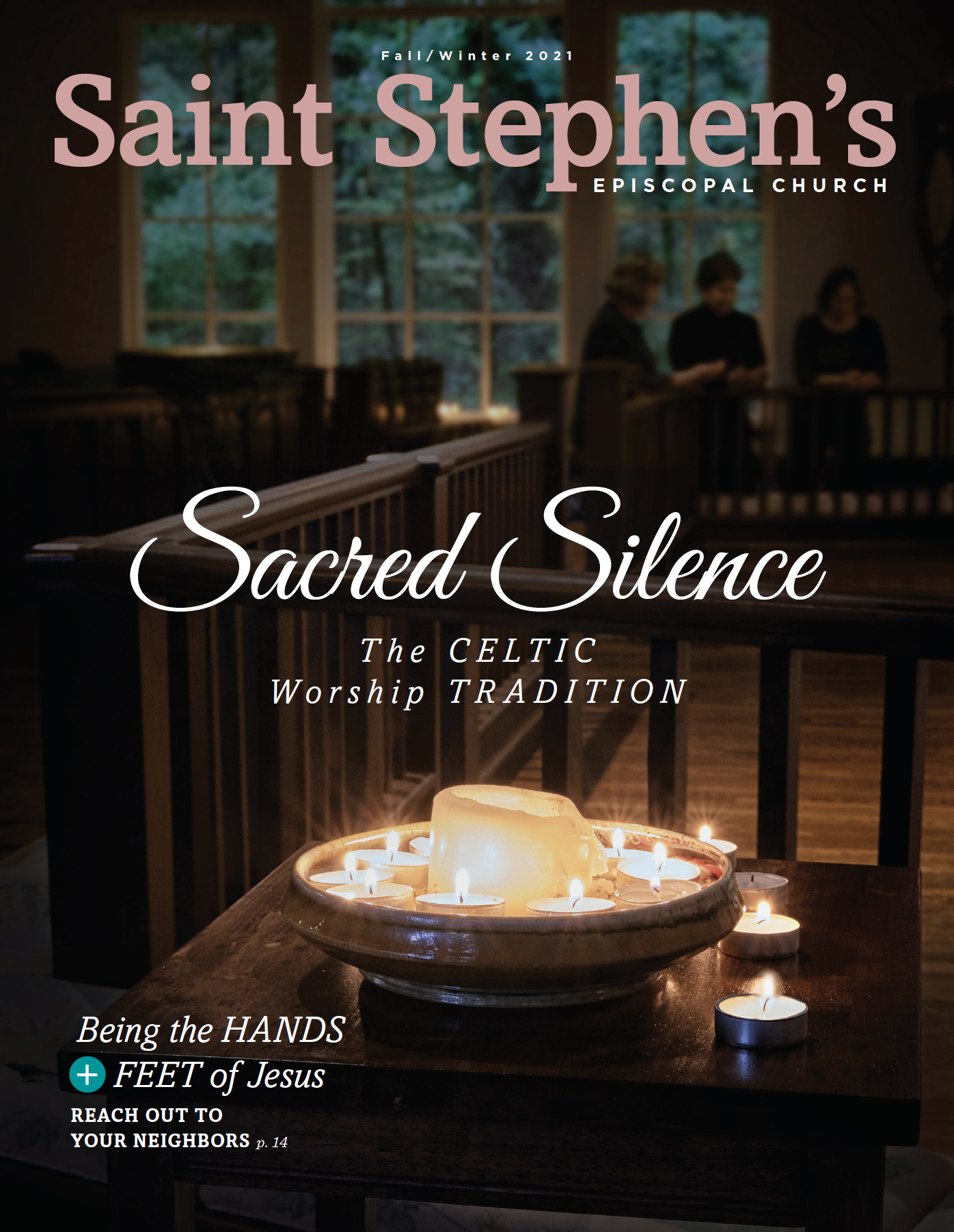 A bulletin cover for Saint Stephen's Episcopal Church Fall/Winter 2021 featuring a lit candle on a wooden table inside the church, with three people in the background near large windows.
