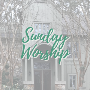 Text overlay reading 'Sunday Worship' on a church building background with trees.