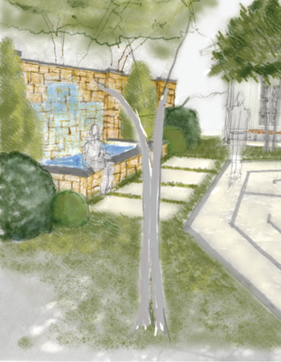 A watercolor painting of an outdoor scene featuring a fountain with a person sitting on its edge, surrounded by trees, bushes, and a stone pathway.